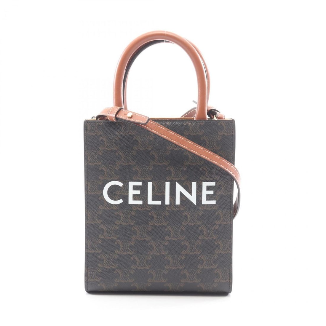 Celine Mini Vertical Cabas Triomphe 2-Way Handbag, Coated Canvas Leather, Women's, Black/Brown,: --- Catalog ---Category: SizeSize (HxWxD): 20cm x 17cm x 5cm / 7.87'' x 6.69'' x 1.96''Category: DesignType: HandbagColor: Black, BrownGender: WomenMaterial: Coated canvas , Leather Category: GeneralM