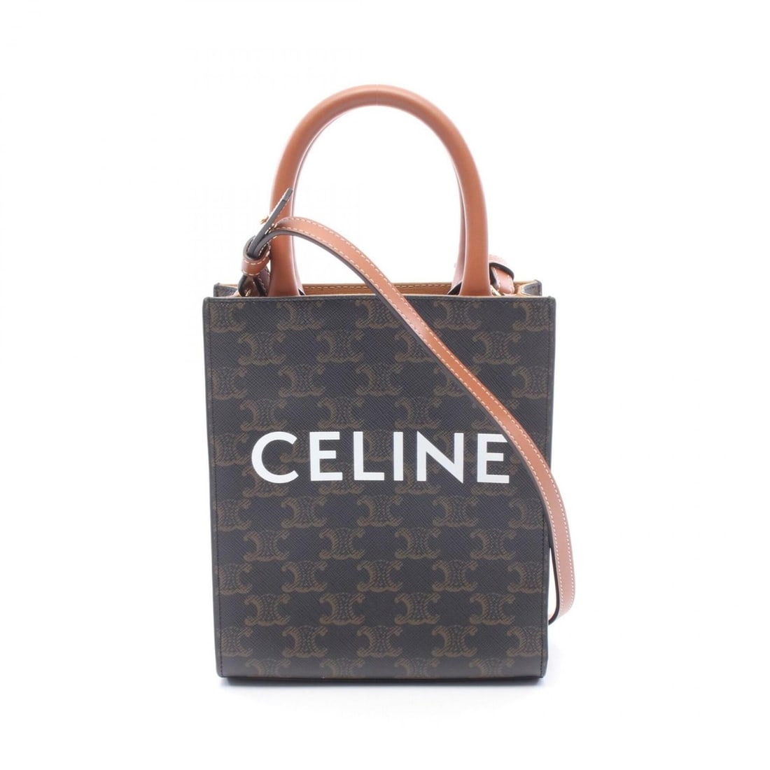 Celine Mini Vertical Cabas Triomphe 2-Way Handbag, Coated Canvas Leather, Women's, Black/Brown,: --- Catalog ---Category: SizeSize (HxWxD): 20cm x 17cm x 5cm / 7.87'' x 6.69'' x 1.96''Category: DesignType: HandbagColor: Black, BrownGender: WomenMaterial: Coated canvas , Leather Category: GeneralM