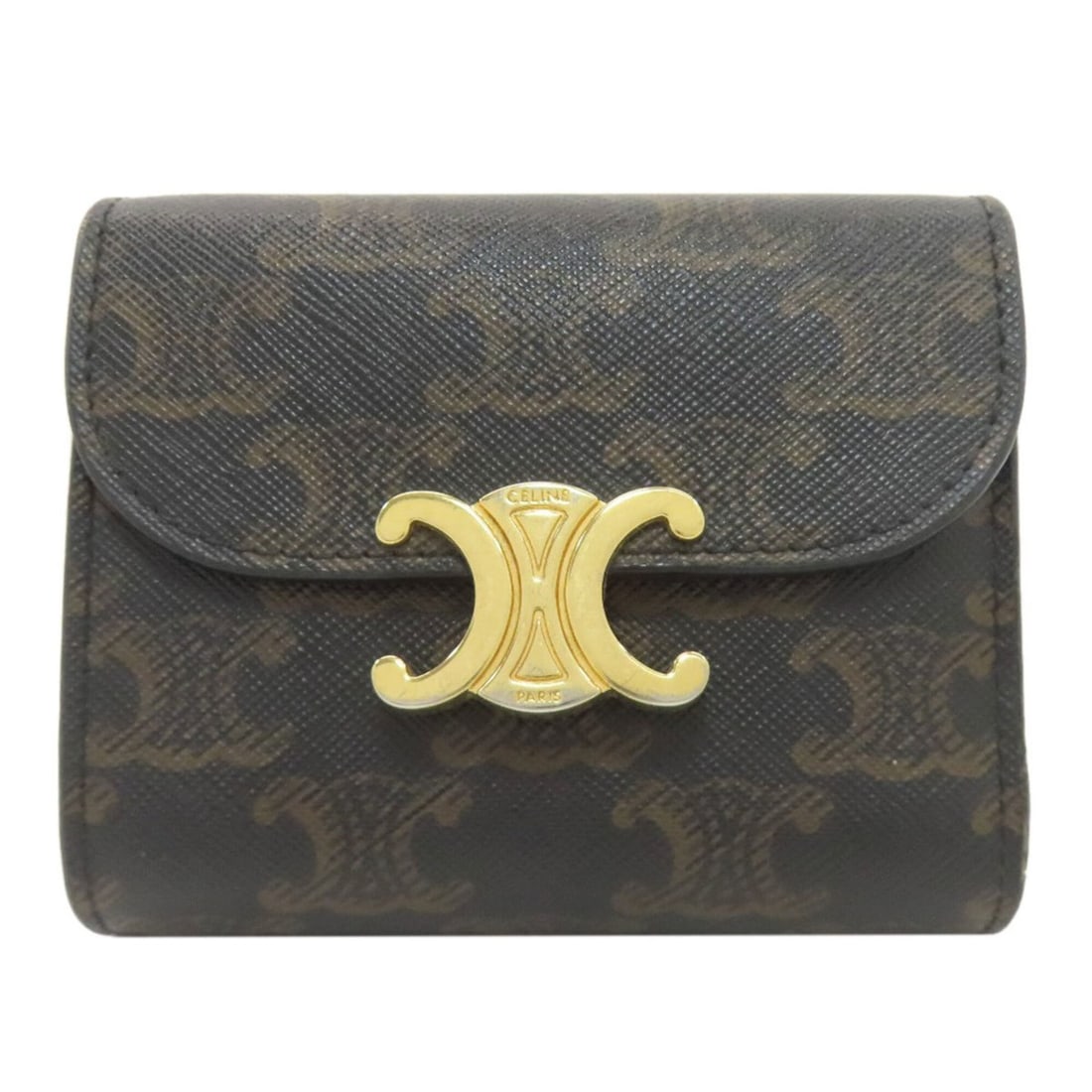 Celine Triomphe Flap Tri-fold Wallet, PVC, Women's CELINE: --- Catalog ---Category: SizeSize (HxWxD): 9cm x 10.5cm x 3cm / 3.54'' x 4.13'' x 1.18''Category: DesignType: Wallet (tri-fold)Color: BrownGender: WomenClosure: Button, Snap fastenerMaterial: PVC Inne