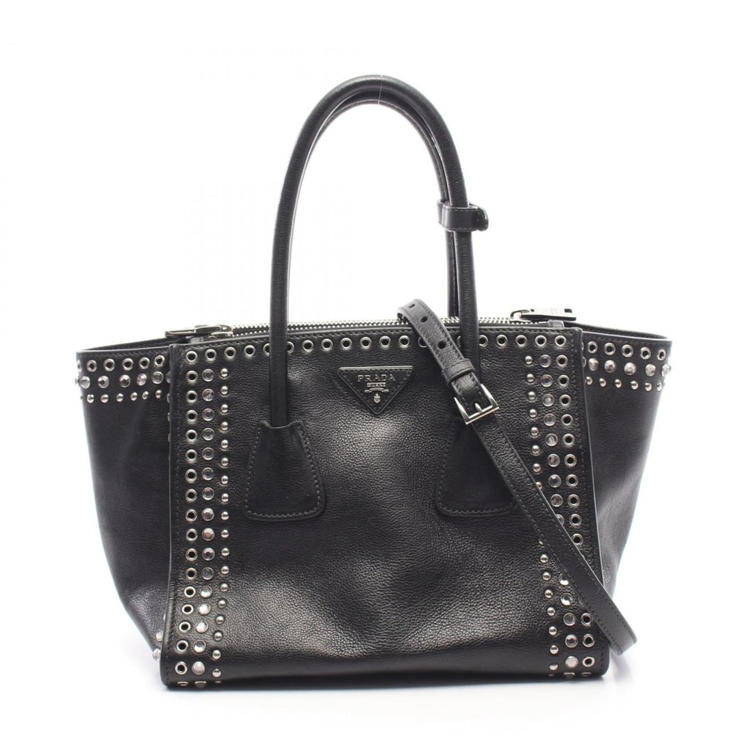 Prada GLACE'CALF 2WAY Bijou Studded Handbag, Leather, Women's, Black (B2625V): --- Catalog ---Category: SizeSize (HxWxD): 22cm x 26.5cm x 19.5cm / 8.66'' x 10.43'' x 7.67''Category: DesignType: HandbagColor: BlackGender: WomenMaterial: Leather Category: GeneralMPN: B2625VBrand: 
