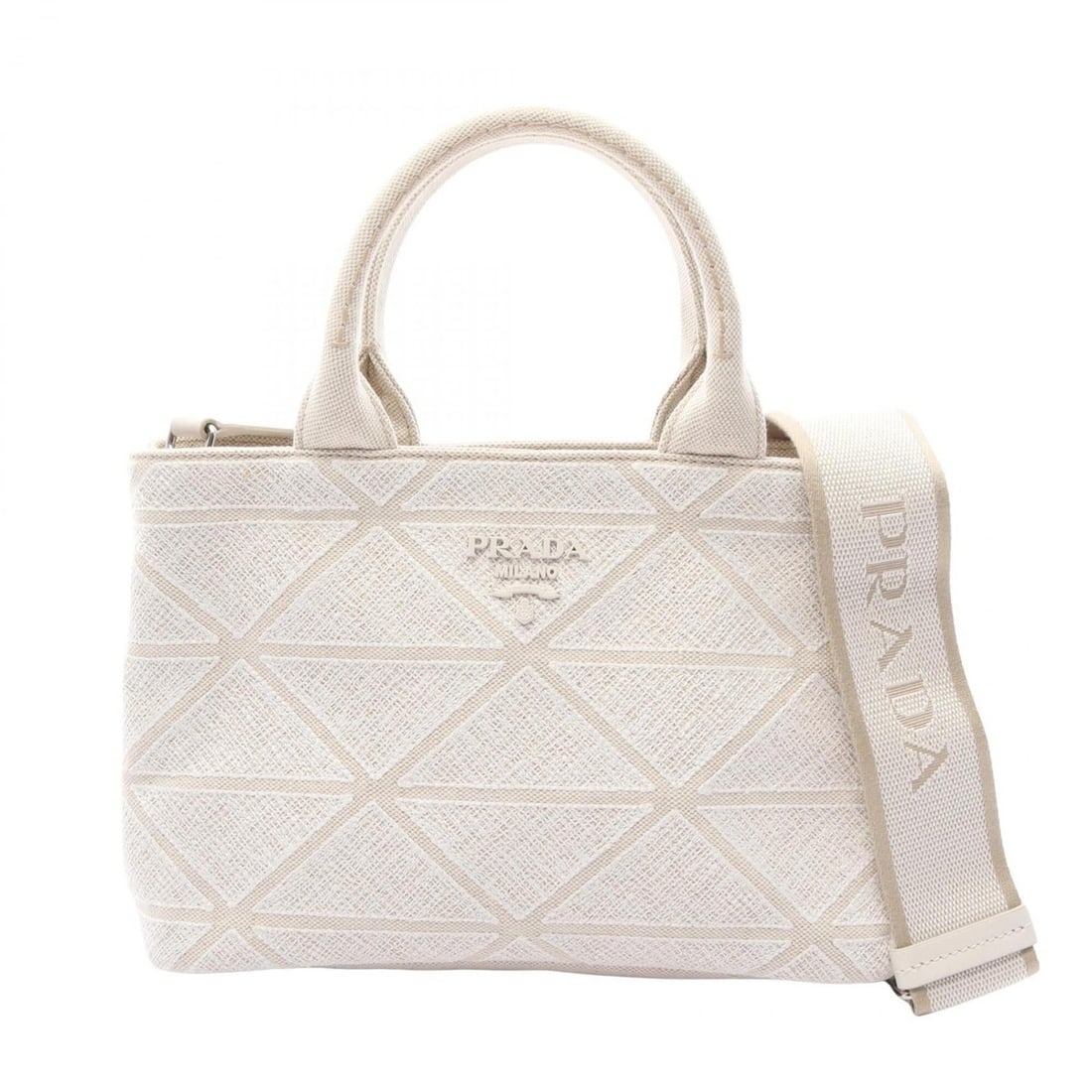 Prada CANAPA 2-Way Tote Bag/Handbag, Canvas, Women's, Beige/White, 1BG439: --- Catalog ---Category: SizeSize (HxWxD): 19cm x 28cm x 14cm / 7.48'' x 11.02'' x 5.51''Category: DesignType: Handbag, Tote bagColor: Beige, WhiteGender: WomenMaterial: Canapa Category: GeneralMPN: 1