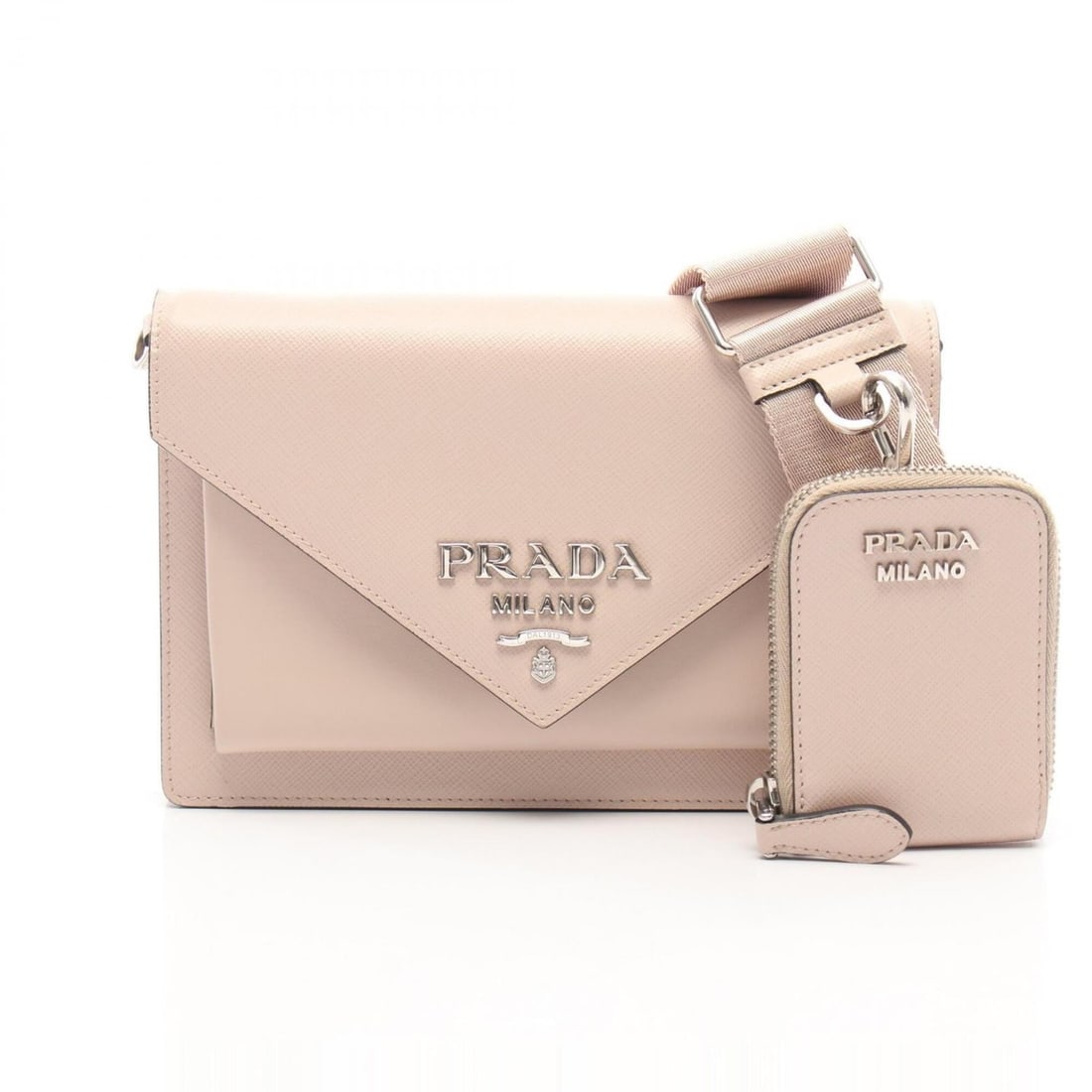 Prada Mini Envelope Shoulder Bag/Handbag, Saffiano Leather, Women's, Pink (1BP020): --- Catalog ---Category: SizeSize (HxWxD): 13.5cm x 20cm x 3cm / 5.31'' x 7.87'' x 1.18''Category: DesignType: Handbag, Pouch, Shoulder bagColor: PinkGender: WomenMaterial: Leather , Saffiano triangle