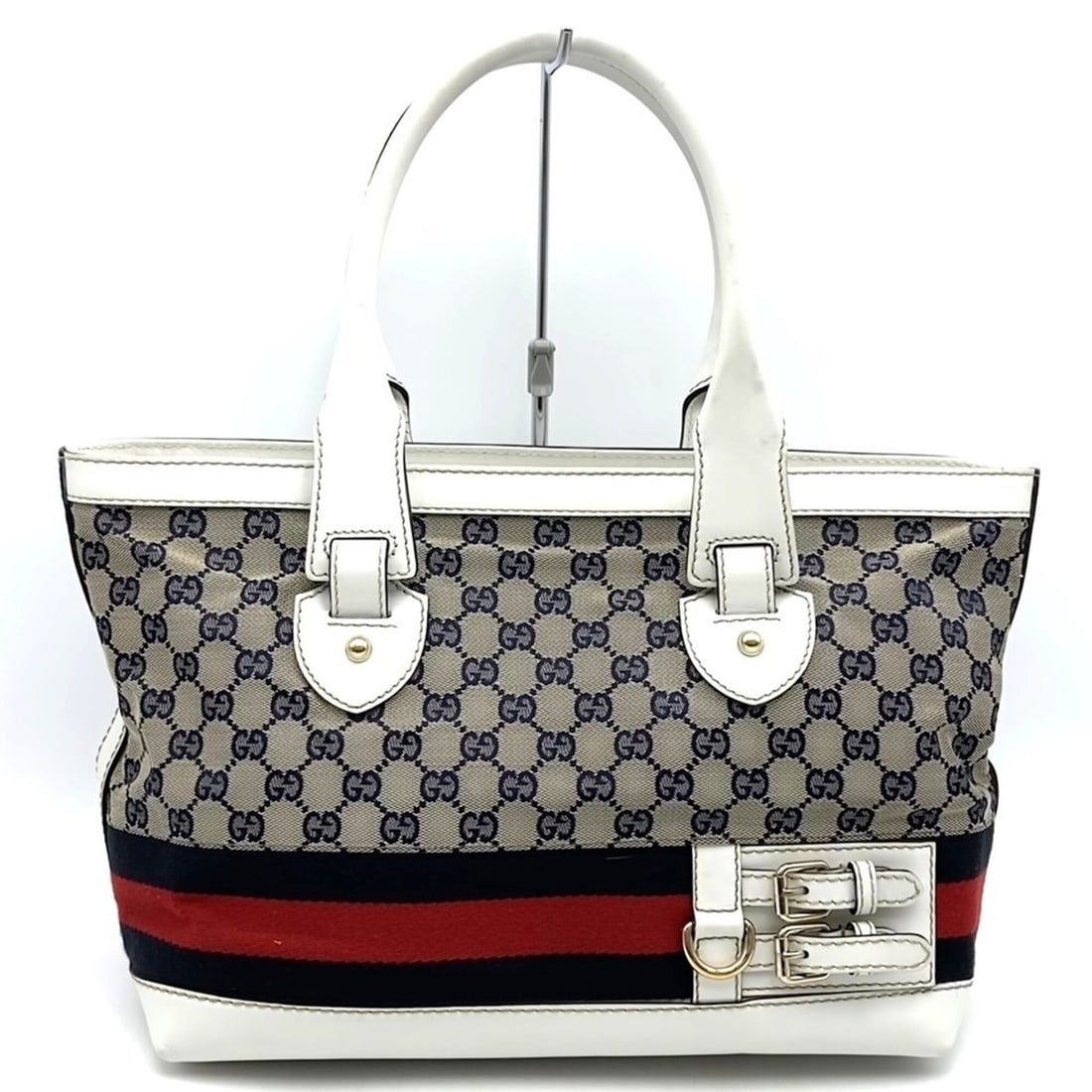GUCCI 257085 Sherry Tote Bag GG Canvas Leather Navy White Women's: --- Catalog ---Category: SizeSize (HxWxD): 22cm x 40cm x 15cm / 8.66'' x 15.74'' x 5.9''Category: DesignType: Tote bagColor: Beige, Navy, WhiteGender: WomenMaterial: GG canvas Category: GeneralMPN: 25