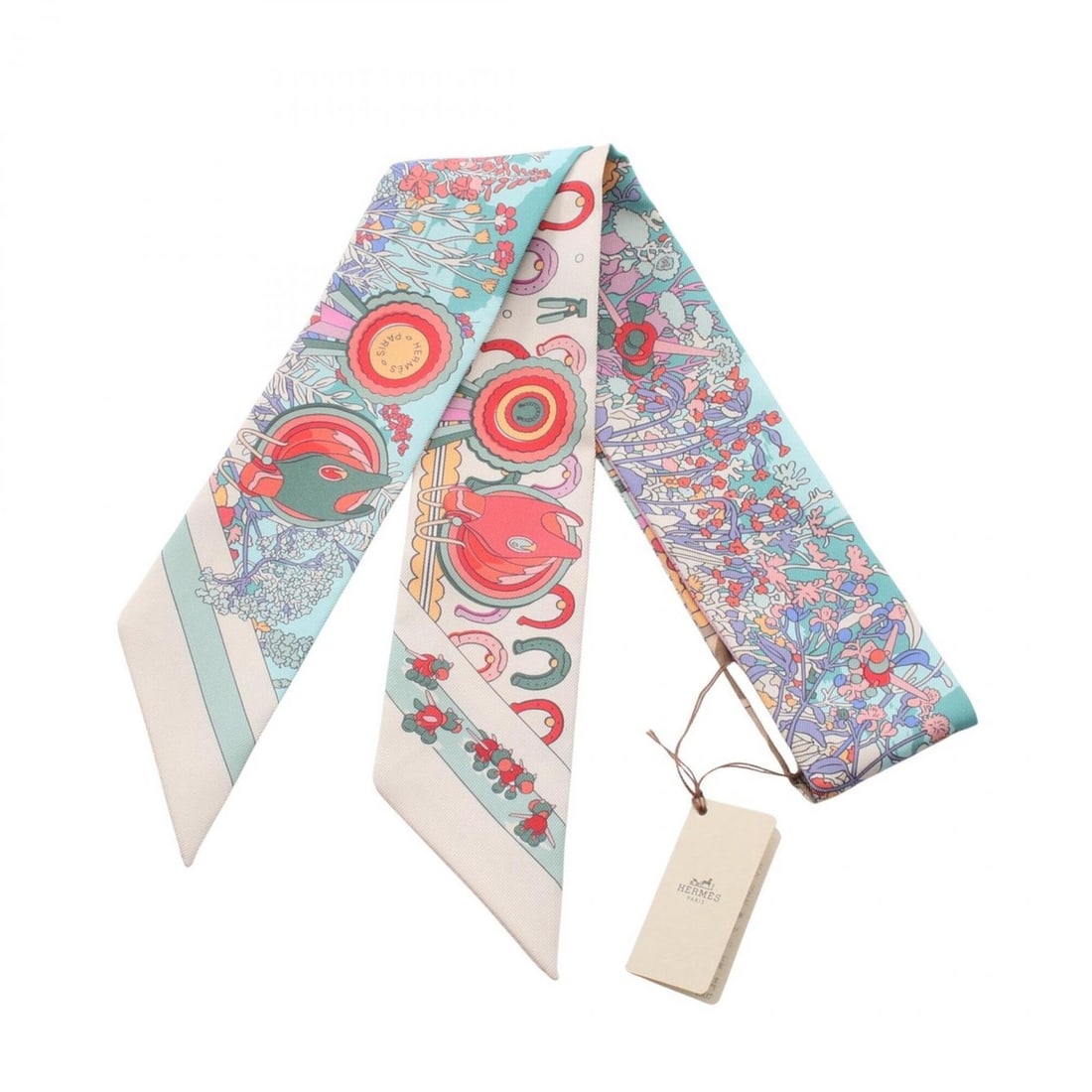 Hermes Twilly Pony Pit Stop Ribbon Scarf Muffler Silk Women's Ivory Multicolor (1 of 19)