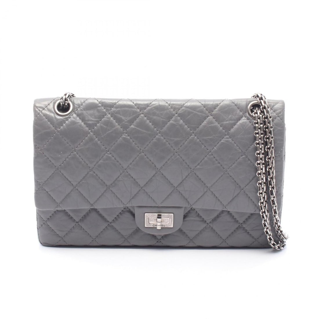 Chanel 2.55 Matelassé Double Flap Shoulder Bag/Handbag, Calfskin Leather, Women's, Gray: --- Catalog ---Category: SizeSize (HxWxD): 18cm x 27cm x 8cm / 7.08'' x 10.62'' x 3.14''Category: DesignType: Handbag, Shoulder bagColor: GrayGender: WomenMaterial: Leather Leather/Fur Type: CalfskinC