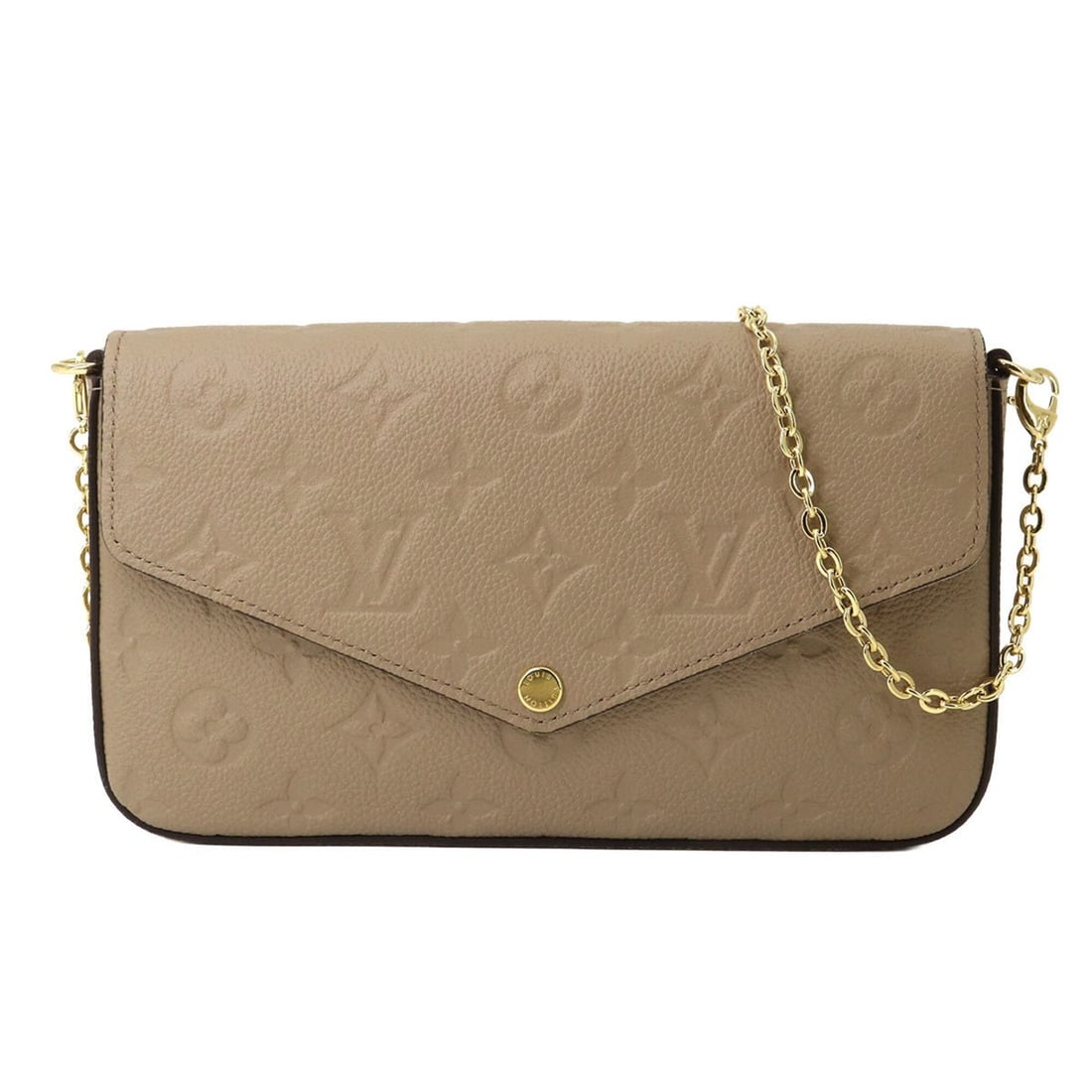 Louis Vuitton Monogram Empreinte Pochette Felicie Chain Wallet Leather Tourtrere M82609 RFID: --- Catalog ---Category: SizeSize (HxWxD): 13cm x 21.5cm x 3cm / 5.11'' x 8.46'' x 1.18''Category: DesignType: PochetteColor: TourterelleGender: WomenMaterial: Monogram Empreinte Category: GeneralMPN: