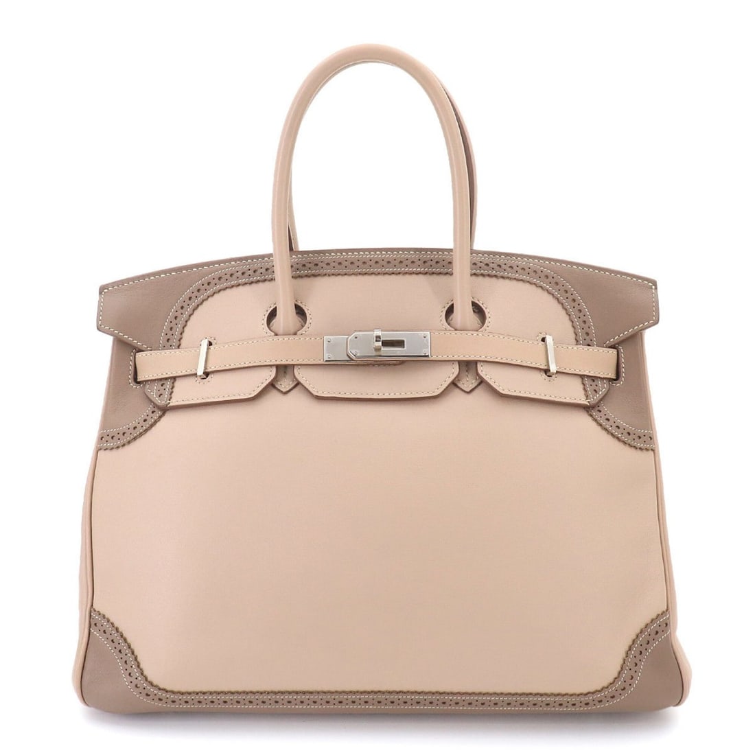 Birkin 35 Ghillies Hermes Swift Argile Etoupe Handbag ?P Stamp Silver Hardware: --- Catalog ---Category: SizeSize (HxWxD): 27.5cm x 35cm x 18cm / 10.82'' x 13.77'' x 7.08''Category: DesignType: HandbagColor: Argile, Etoupe grayGender: WomenMaterial: Swift leather Category: Genera