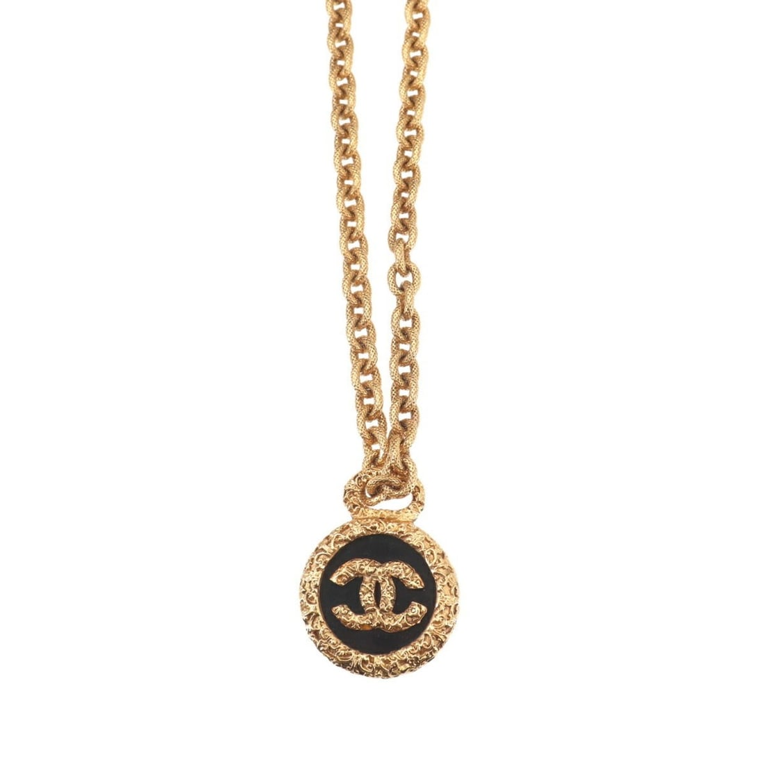 Chanel Coco Mark Lava Necklace Gold Black 93A: --- Catalog ---Category: SizePendant Size: 38mm x 38mm / 1.49'' x 1.49''Neck Circumference: 62.5 cm / 24.6''Category: DesignColor: Black, GoldGender: WomenNecklace Type: NecklaceCategory: GeneralBrand