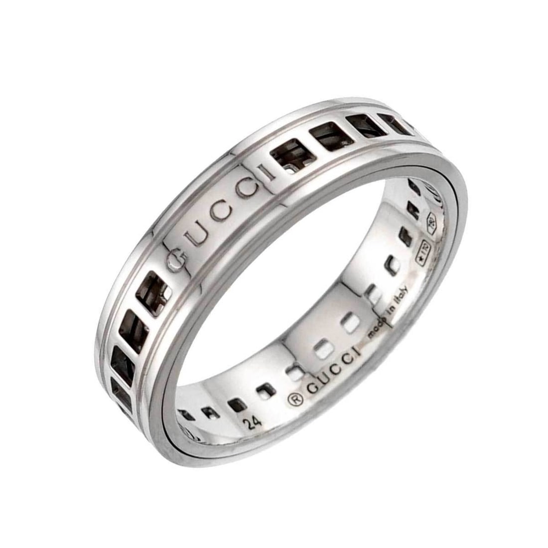 Gucci Scroll Ring #24, 18K White Gold (750): --- Catalog ---Category: SizeJP Size: 23US Size: 11Category: DesignType: Band ringGender: Women,MenMaterial: White gold (18K)Category: GeneralBrand: Gucci--- Item List ---Section: ConditionRanking: Ra
