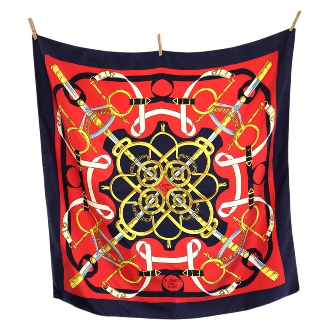 HERMES Hermes Golden Spur Carre 90 Red Navy Silk Scarf Muffler for Women: --- Catalog ---Category: SizeSize (LxW): 87cm x 88cm / 34.25'' x 34.64''Category: DesignType: ScarfColor: Navy, Red colorGender: WomenMaterial: Silk Category: GeneralBrand: HermesCountry of Origin: Fr