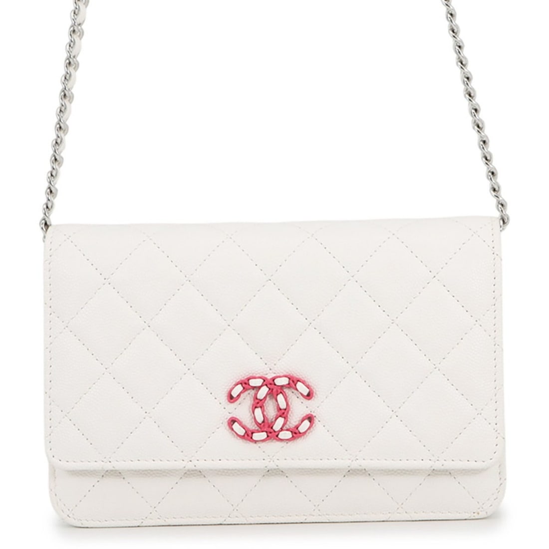 Chanel wallet, chain Coco Mark, Matelassé, CHANEL19, caviar leather, CHANEL white, WALLET: --- Catalog ---Category: SizeSize (HxWxD): 12cm x 19cm x 4.5cm / 4.72'' x 7.48'' x 1.77''Category: DesignType: Chain/Shoulder walletColor: WhiteGender: WomenMaterial: Grained Calfskin Category: Genera