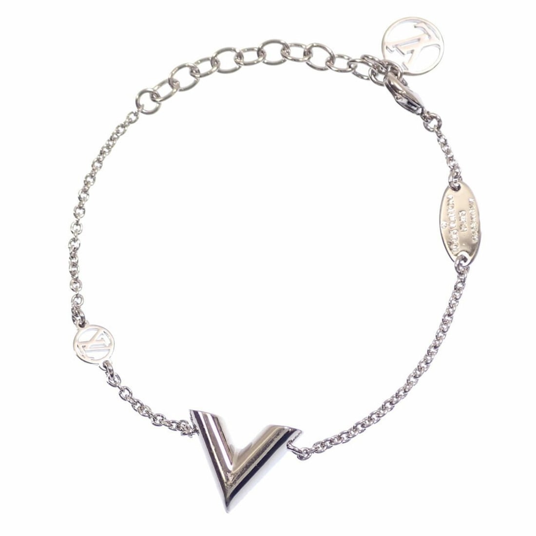 Louis Vuitton Essential V Bracelet for Women, Metal, Silver Color, M63198: --- Catalog ---Category: SizeWidth: 2mm - 1.2cm / 0.07'' - 0.47''Length: 14cm - 18cm / 5.51'' - 7.08''Category: DesignType: Charm braceletColor: SilverGender: WomenMaterial: MetalCategory: GeneralMPN: