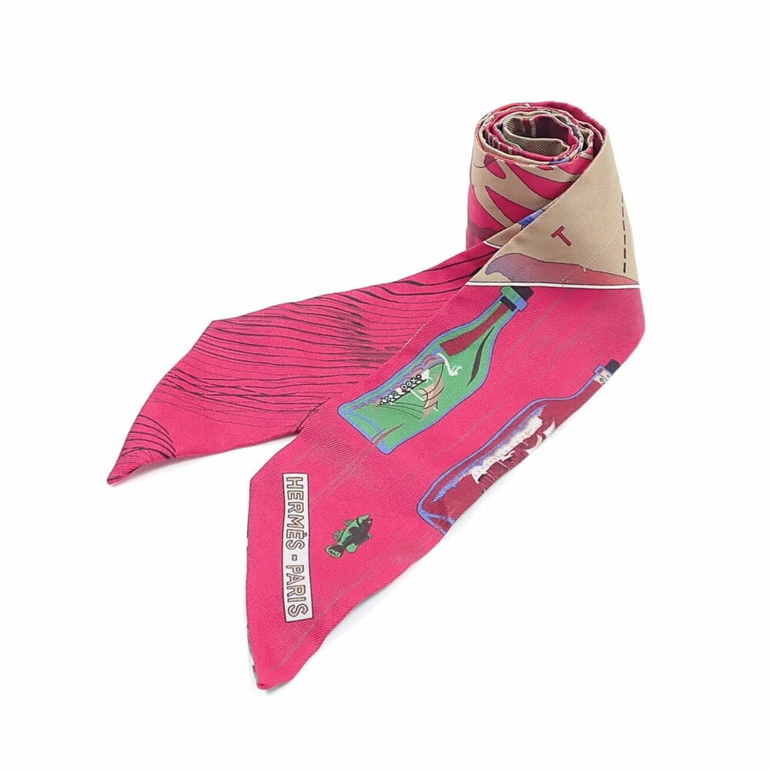 Hermes scarf muffler twilly women's pink beige silk Caleche Hami and Bottle: --- Catalog ---Category: SizeSize (LxW): 83cm x 5.5cm / 32.67'' x 2.16''Category: DesignType: ScarfColor: Beige, PinkGender: WomenMaterial: Silk Category: GeneralBrand: Hermes--- Item List ---Section: