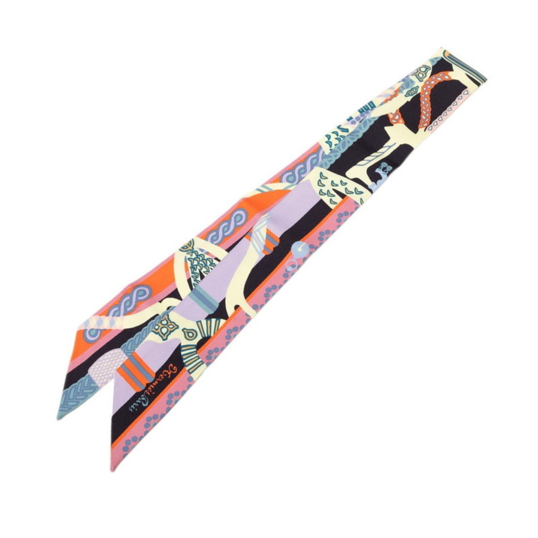 Hermes Twilly "Fantaisie d'Etriers" scarf/muffler, new tag, black/multicolor silk, women's.: --- Catalog ---Category: SizeSize (LxW): 84.5cm x 5cm / 33.26'' x 1.96''Category: DesignType: ScarfColor: Black, Multi-colorGender: WomenMaterial: Silk Category: GeneralBrand: Hermes--- Item List ---S