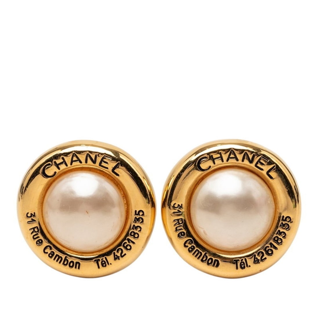 Chanel 31 RUE CAMBON Cambon Vintage Earrings Gold Plated Faux Pearl Women's CHANEL: --- Catalog ---Category: SizeStone Size (HxW): 35.30mm x 35.30mm / 1.39'' x 1.39''Category: DesignColor: GoldGender: WomenCategory: GeneralBrand: Chanel--- Item List ---Section: ConditionRanking: Rank