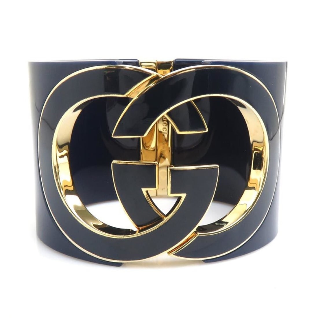 Gucci bangle, Interlocking G design, plastic and metal, navy gold, women's, h32277a: --- Catalog ---Category: SizeWidth: 5cm / 1.96''Length: 17.8cm / 7''Category: DesignType: BangleColor: Gold, NavyGender: WomenMaterial: Metal, PlatinumCategory: GeneralBrand: Gucci--- Item List ---Sec