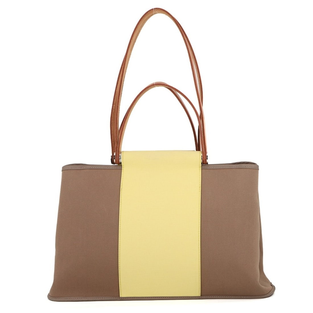 Hermes Cabas PM Tote Bag, Etoupe Yellow, Toile Officier Leather, ?Q Stamp, Handbag, HERMES: --- Catalog ---Category: SizeWeight: 1.09kg / 2.4lb.Size (HxWxD): 23.5cm x 40cm x 14.5cm / 9.25'' x 15.74'' x 5.7''Category: DesignType: Handbag, Tote bagColor: Etoupe gray, YellowClosure: OpenMateria