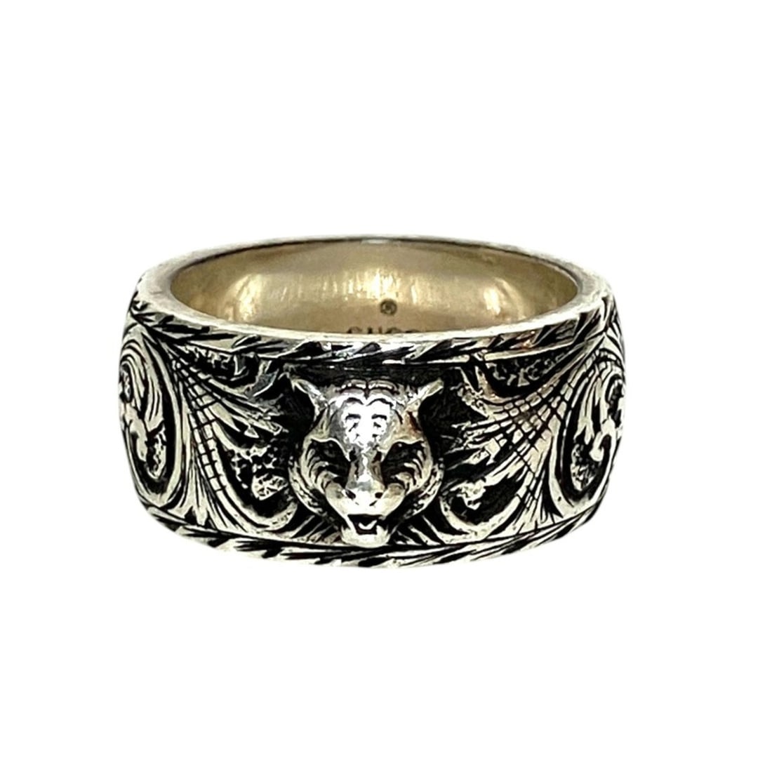 GUCCI GG Tiger Head Arabesque Ring, 925 Sterling Silver, Men's: --- Catalog ---Category: SizeJP Size: 15US Size: 7.5Category: DesignType: Band ringColor: SilverGender: MenMaterial: Silver 925Category: GeneralBrand: Gucci--- Item List ---Section: ConditionRanking: 