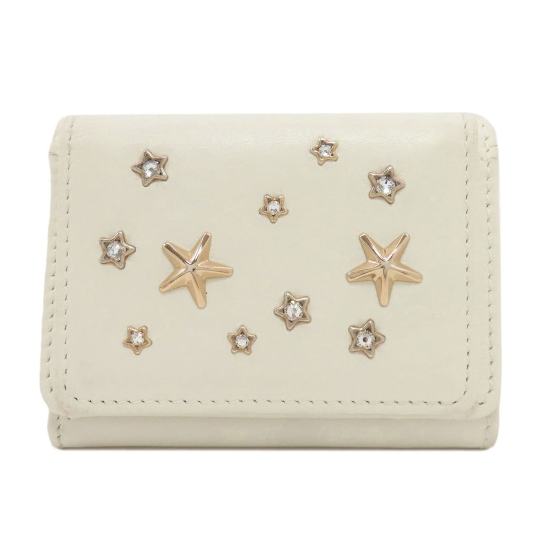 Jimmy Choo Star Motif Studded Tri-fold Leather Wallet for Women: --- Catalog ---Category: SizeSize (HxWxD): 9cm x 10.5cm x 3cm / 3.54'' x 4.13'' x 1.18''Category: DesignType: Wallet (tri-fold)Color: WhiteGender: WomenMaterial: Leather Category: GeneralBrand: Jimmy 
