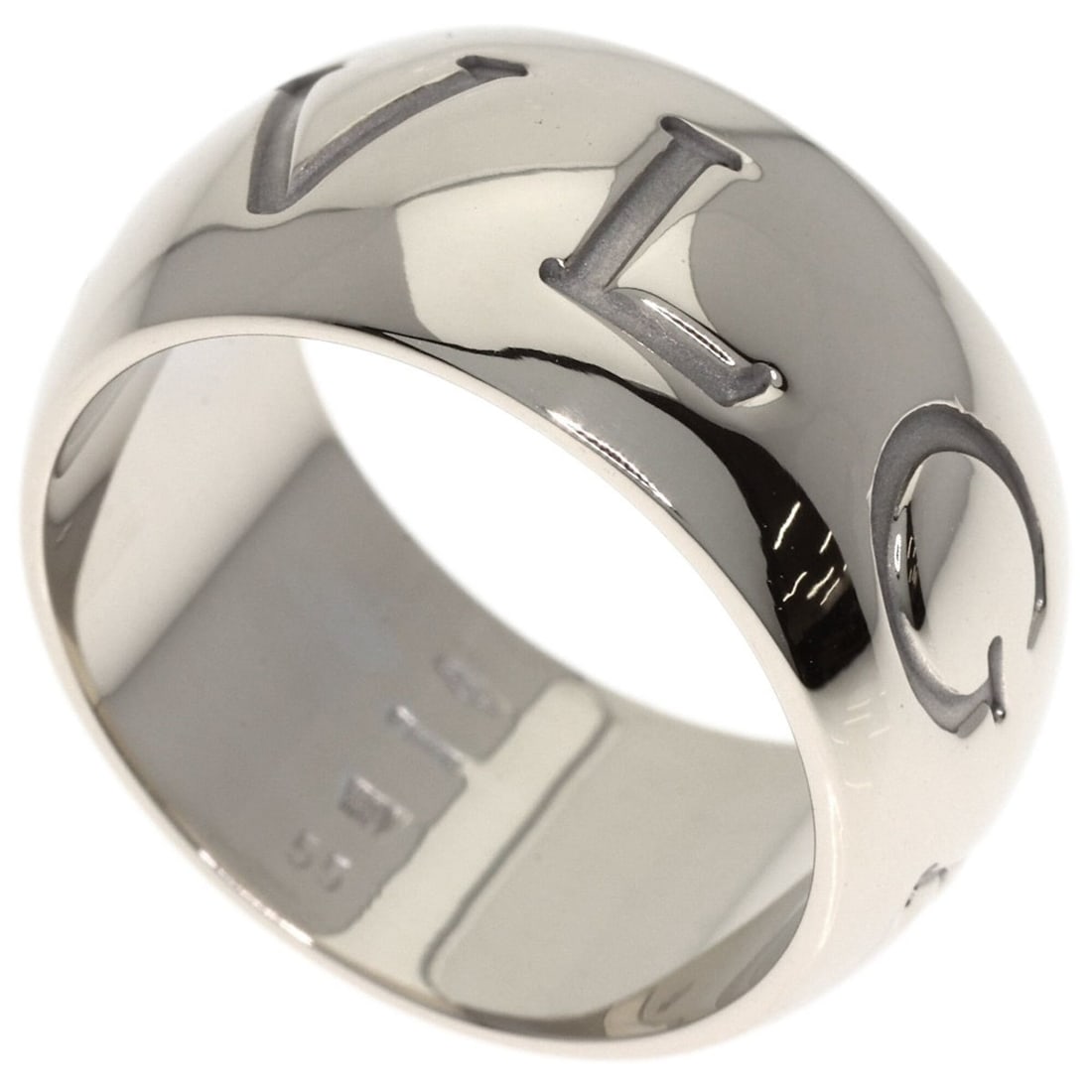 Bulgari Monologo #55 Ring, 18K White Gold, Women's BVLGARI: --- Catalog ---Category: SizeJP Size: 15US Size: 7.5Category: DesignType: Band ringGender: WomenMaterial: White gold (18K)Category: GeneralBrand: Bvlgari--- Item List ---Section: ConditionRanking: Ran