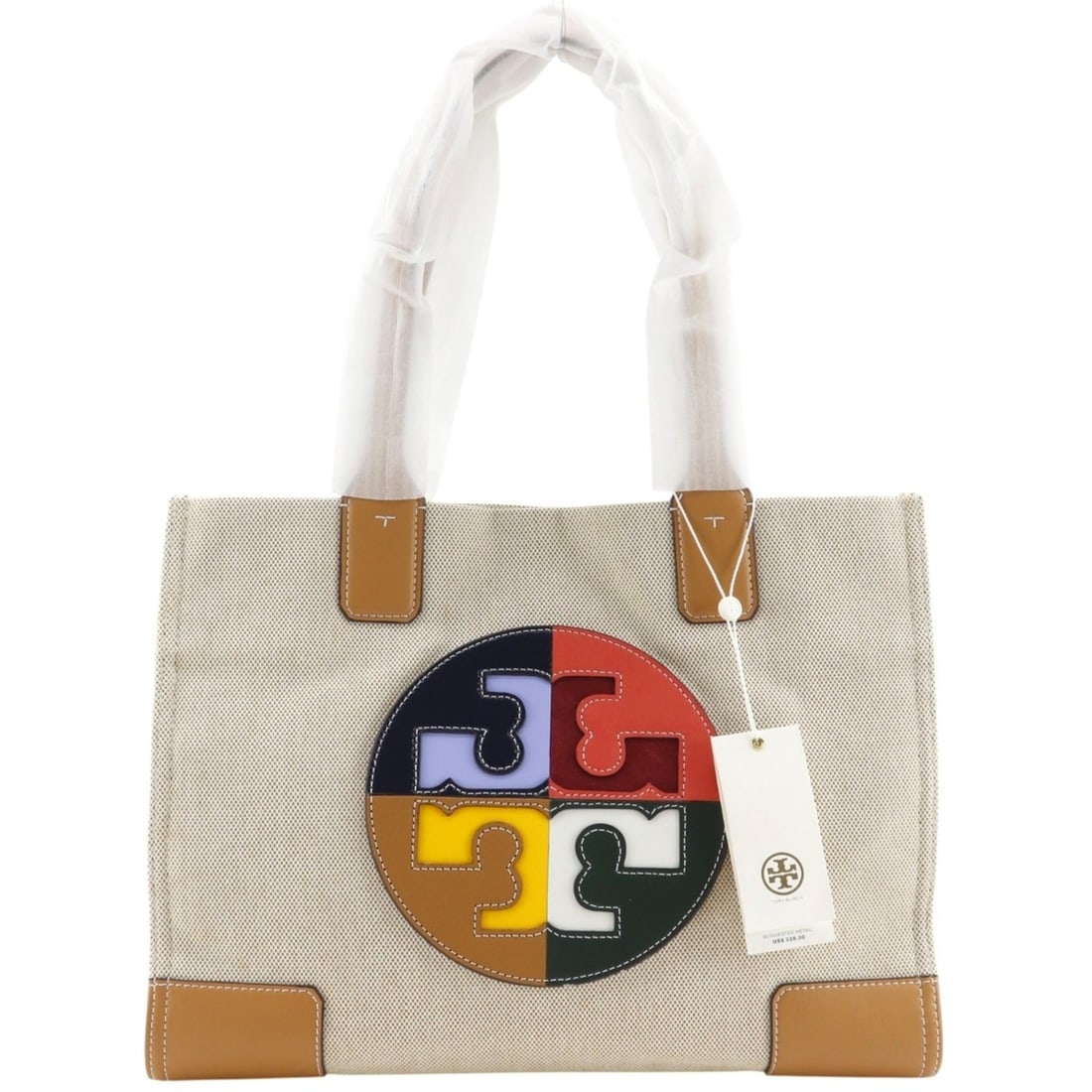 Tory Burch Ella Colorblock Logo Tote Bag, Canvas x Leather, Beige, A4 Size, Magnetic Closure, (1 of 17)