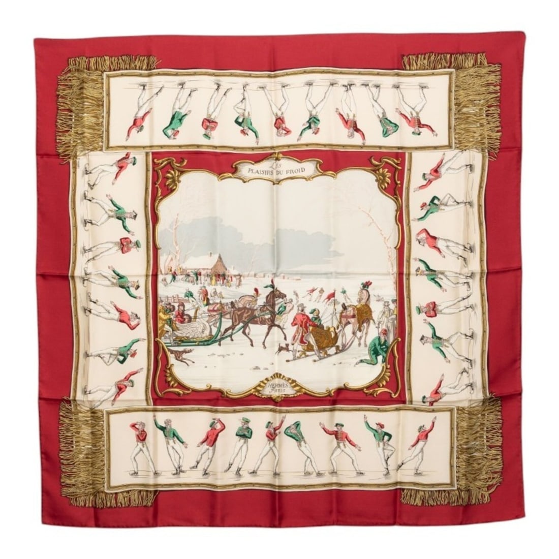 Hermes Carre 90 LES PLAISIRS DU FROID (Joys on Ice) Scarf/Muffler, Red Multicolor Silk, Women's: --- Catalog ---Category: SizeSize (LxW): 88.5cm x 89cm / 34.84'' x 35.03''Category: DesignType: ScarfColor: Multi-color, Red colorGender: WomenMaterial: Silk Category: GeneralBrand: Hermes--- Item Lis