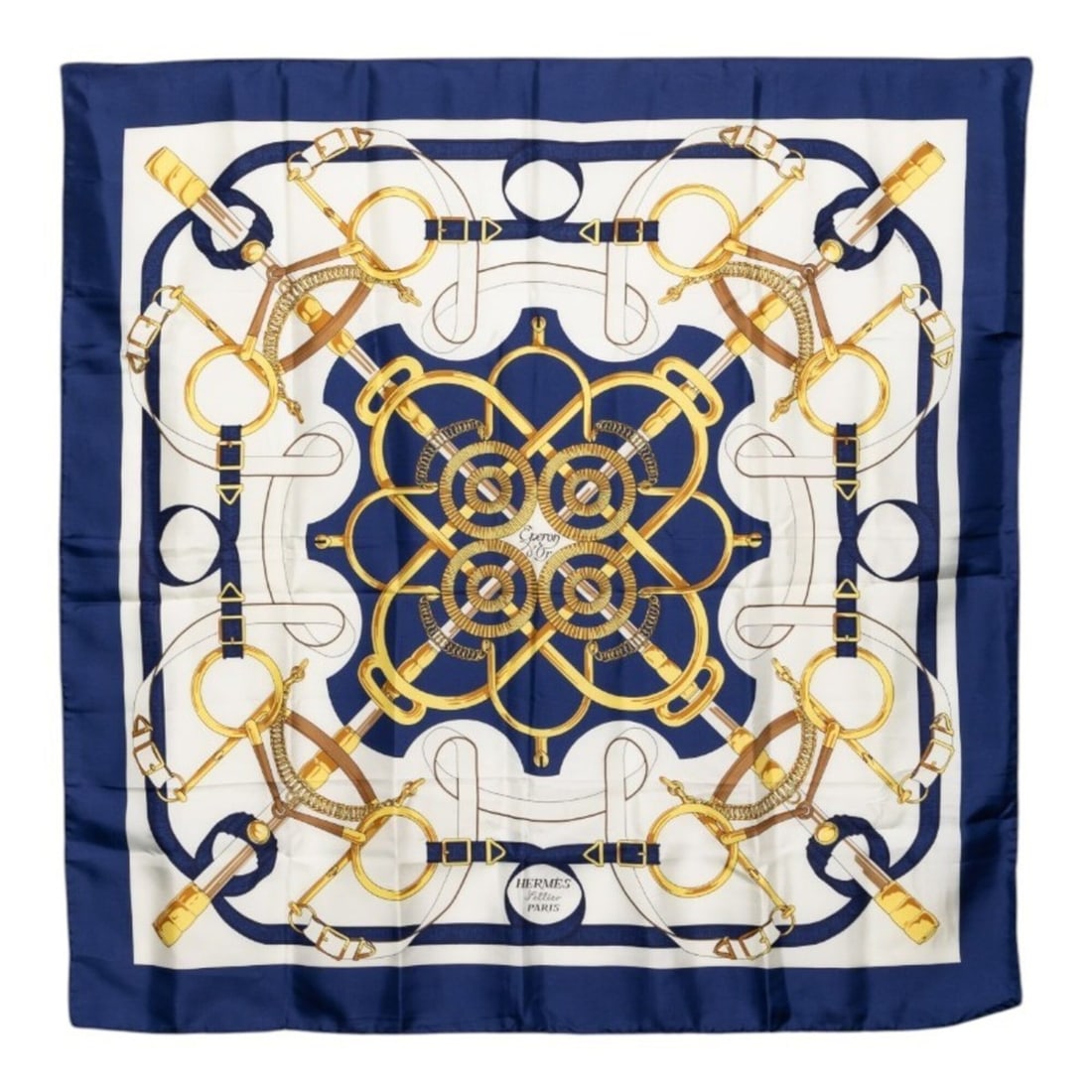 Hermes Carre 90 Eperon d'or (Golden Spur) Scarf/Muffler, Navy, White, Yellow, Silk, Women's. (1 of 7)