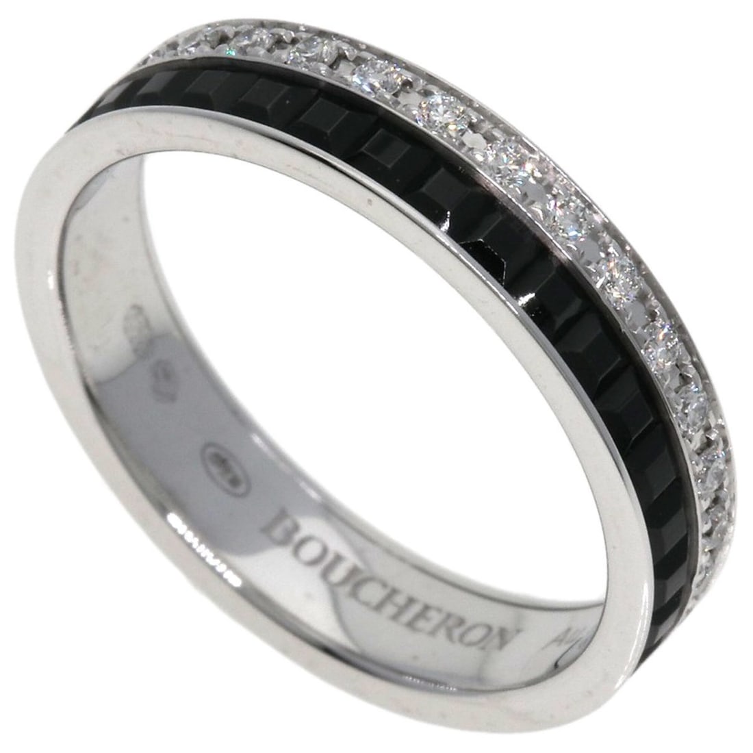 Boucheron Quatre Black Diamond Ring #46, 18K White Gold, Women's.: --- Catalog ---Category: SizeUS Size: 3.5Brand Size: 46Category: DesignType: Band ringColor: Black, White goldStone: DiamondGender: WomenMaterial: White gold (18K)Category: GeneralBrand: Boucheron--- 