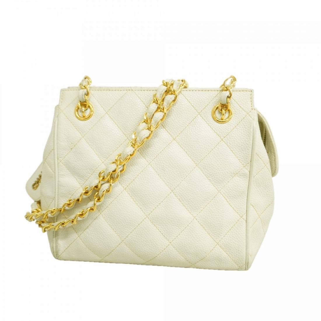 Chanel Matelassé Chain Shoulder Bag, Caviar Leather, White, Women's, OP007632: --- Catalog ---Category: SizeSize (HxWxD): 16.5cm x 18cm x 9cm / 6.49'' x 7.08'' x 3.54''Category: DesignType: Shoulder bagColor: WhiteGender: WomenMaterial: Grained Calfskin Hardware Color: GoldCateg