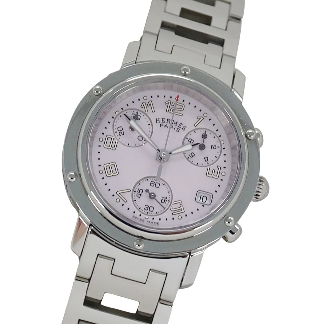 Hermes HERMES Women's Watch, Clipper Chronograph, Pink Shell, Quartz, Stainless Steel (SS), CL1.310,: --- Catalog ---Category: SizeWrist Size: 17cm / 6.69''Case Diameter: 31mm / 1.22''Category: DesignType: WristwatchGender: WomenColor (Dial): Pink shellMaterial (Band): Stainless steelMaterial (Case): 