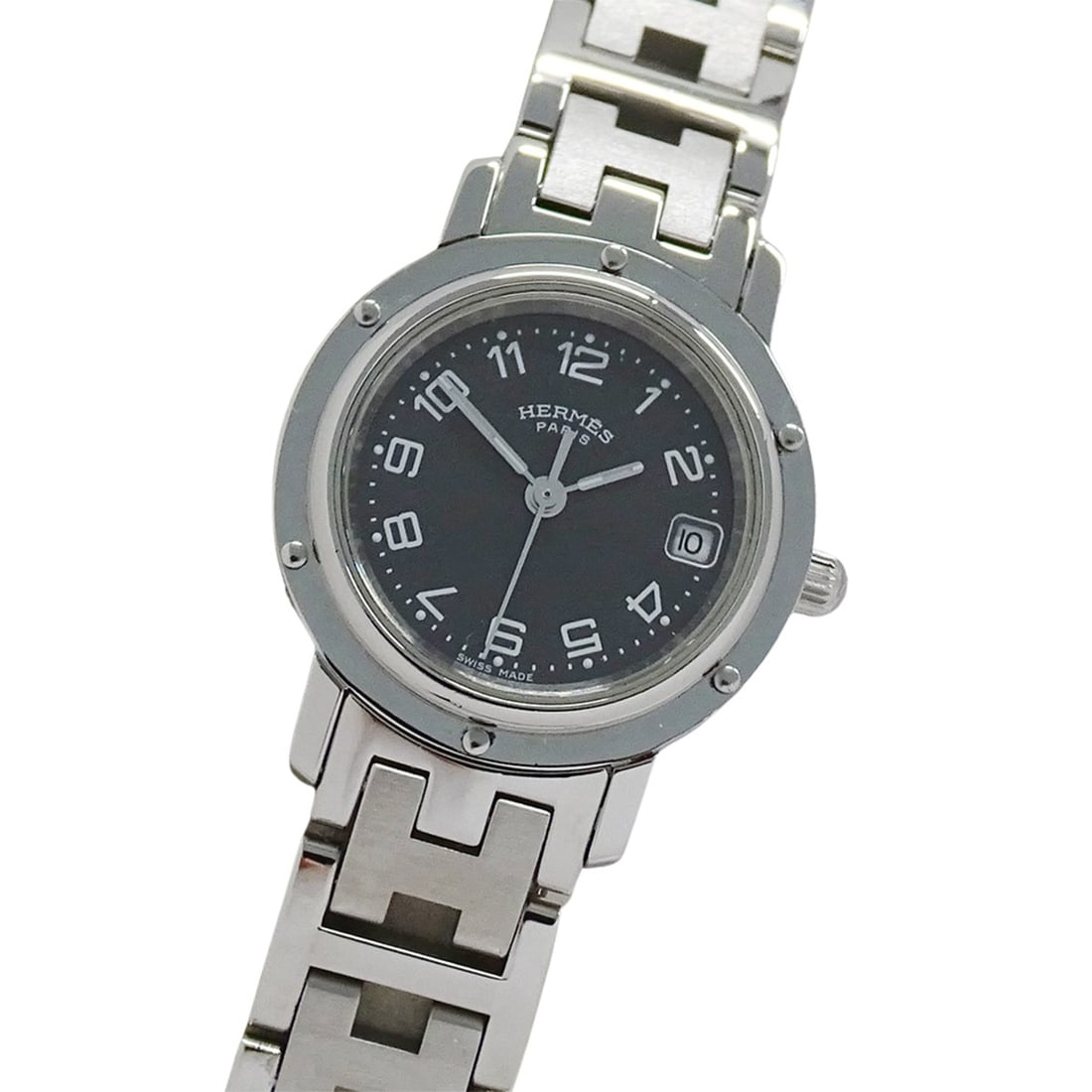 Hermes HERMES Women's Watch, Clipper Date, Quartz, Stainless Steel (SS), CL4.210, Silver & Black: --- Catalog ---Category: SizeWrist Size: 16cm / 6.29''Case Diameter: 24mm / 0.94''Category: DesignType: WristwatchGender: WomenColor (Dial): BlackMaterial (Band): Stainless steelMaterial (Case): Stain