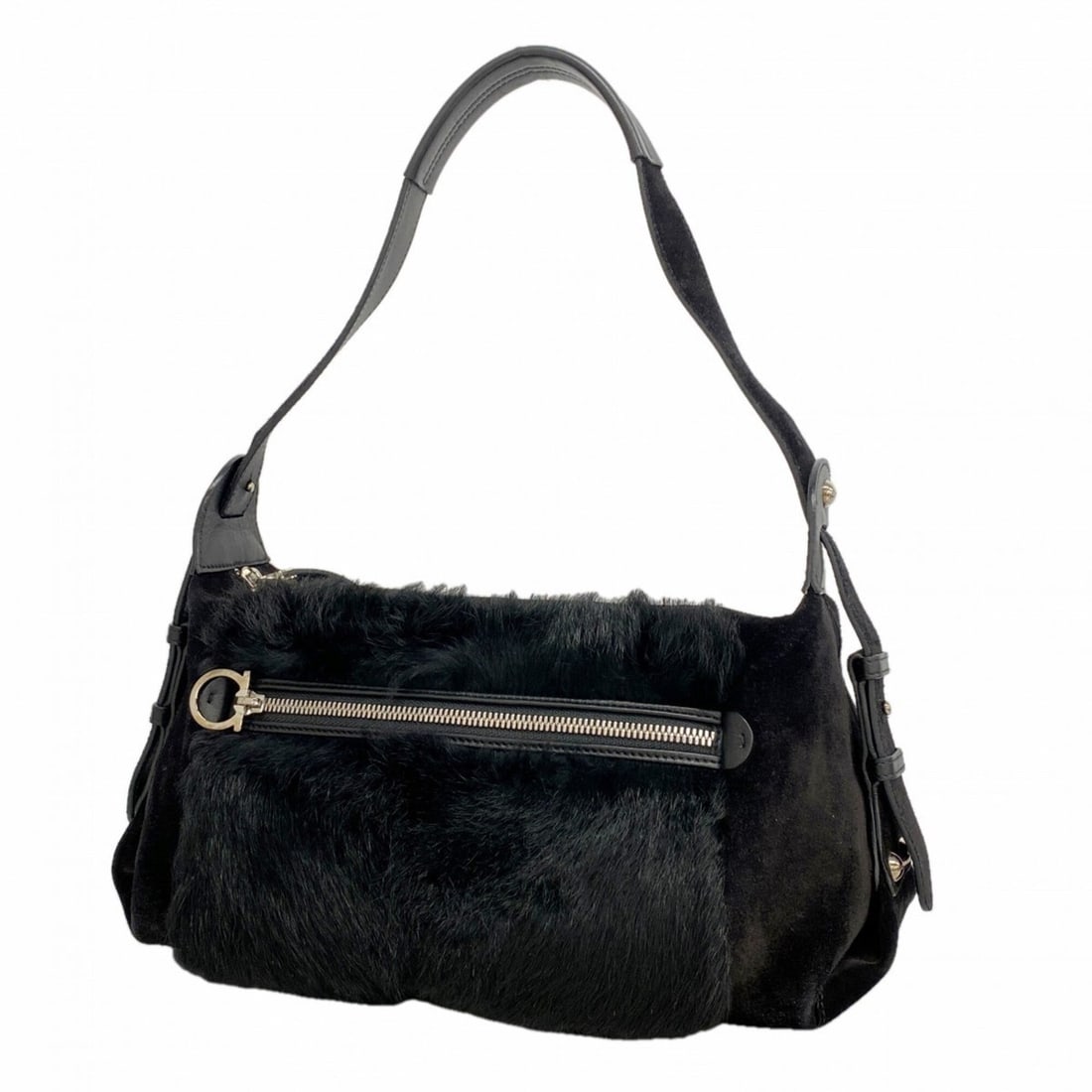 Salvatore Ferragamo Shoulder Bag, Gancini Design, Suede and Fur, Black, Women's: --- Catalog ---Category: SizeSize (HxWxD): 17cm x 27.5cm x 12.5cm / 6.69'' x 10.82'' x 4.92''Category: DesignType: Shoulder bagColor: BlackGender: WomenMaterial: Suede , Fur Hardware Color: SilverCate