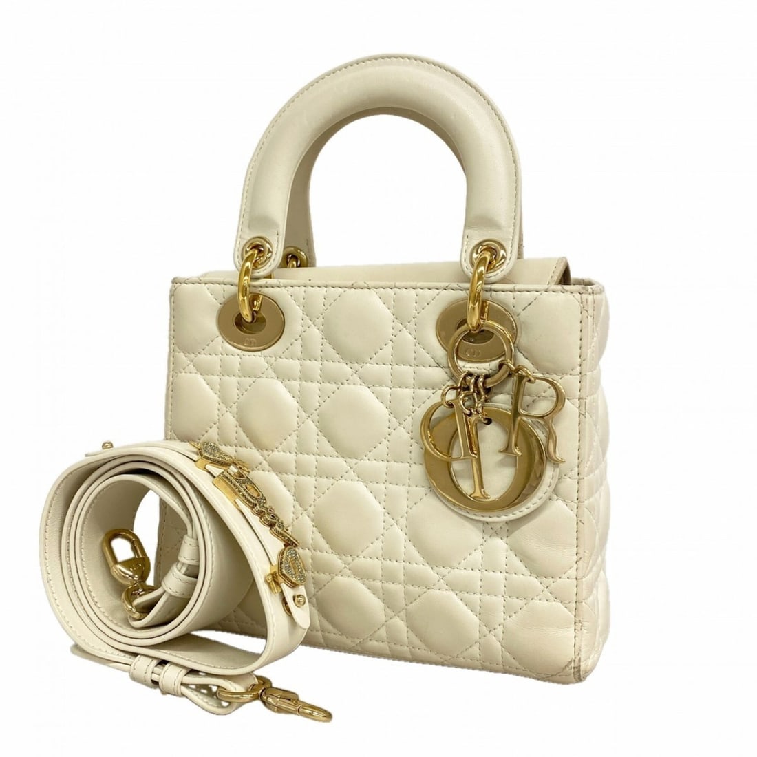 Christian Dior handbag, Cannage Lady Dior, leather, white and champagne, 2-way bag for women.: --- Catalog ---Category: SizeSize (HxWxD): 17.5cm x 20cm x 8.5cm / 6.88'' x 7.87'' x 3.34''Category: DesignType: HandbagColor: WhiteGender: WomenMaterial: Leather Category: GeneralBrand: Christian Dio