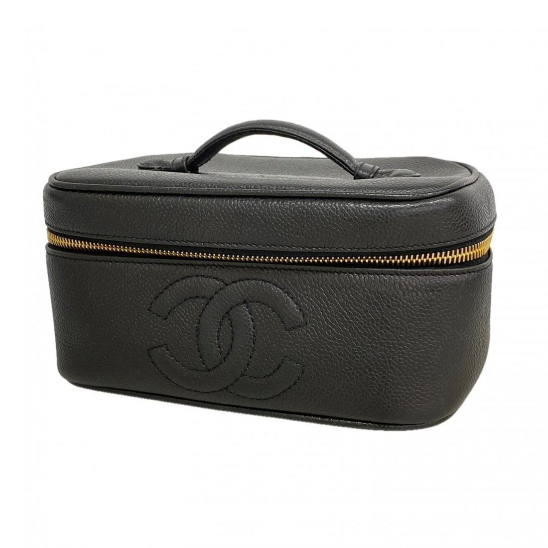 Chanel handbag/vanity bag, caviar leather, black, women's.: --- Catalog ---Category: SizeSize (HxWxD): 10.5cm x 19cm x 13.5cm / 4.13'' x 7.48'' x 5.31''Category: DesignType: Vanity bagColor: BlackGender: WomenMaterial: Grained Calfskin Hardware Color: GoldCate