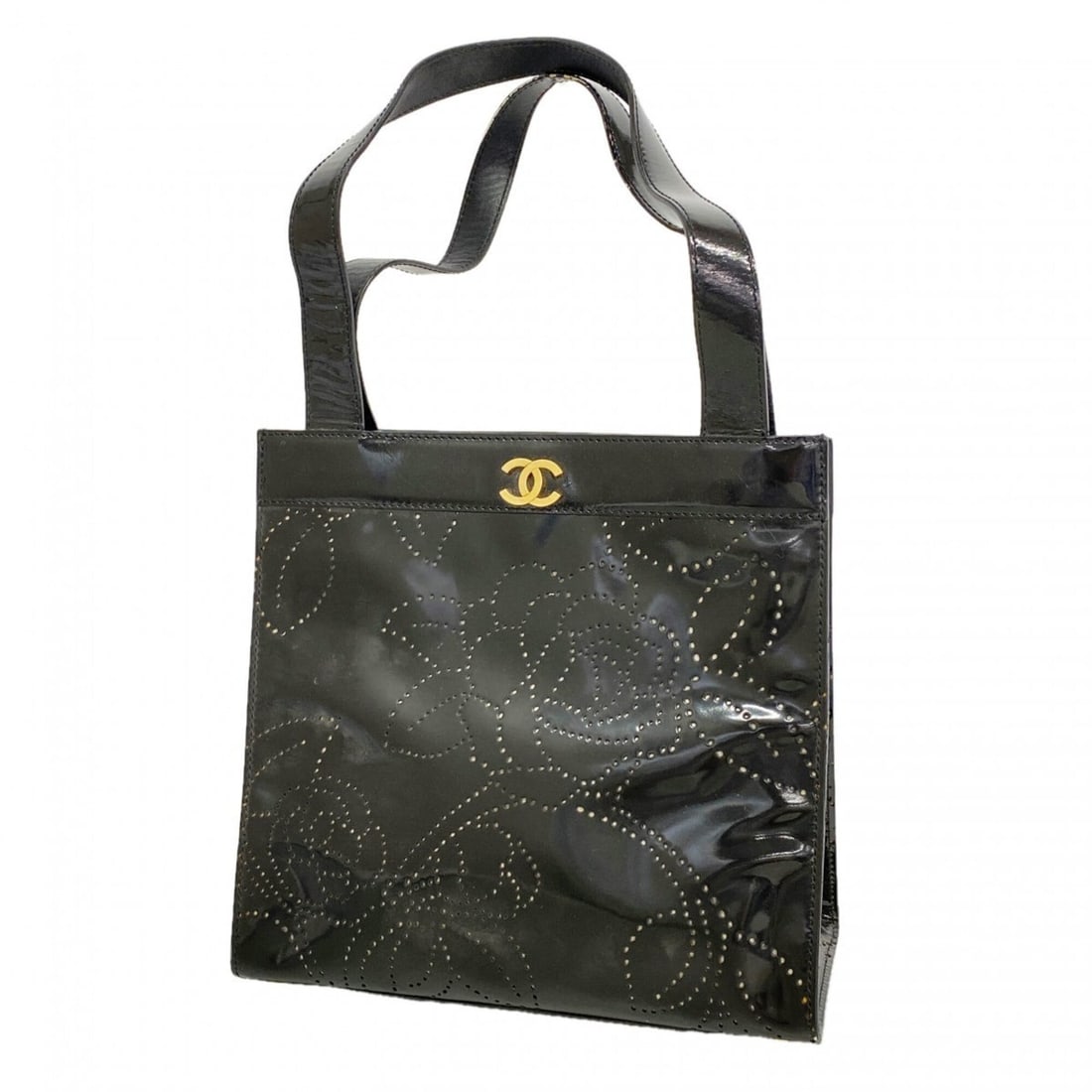 Chanel Camellia Handbag, Patent Leather, Black, Women's: --- Catalog ---Category: SizeSize (HxWxD): 23.4cm x 24cm x 11cm / 9.21'' x 9.44'' x 4.33''Category: DesignType: HandbagColor: BlackGender: WomenMaterial: Patent leather Hardware Color: GoldCategory: G