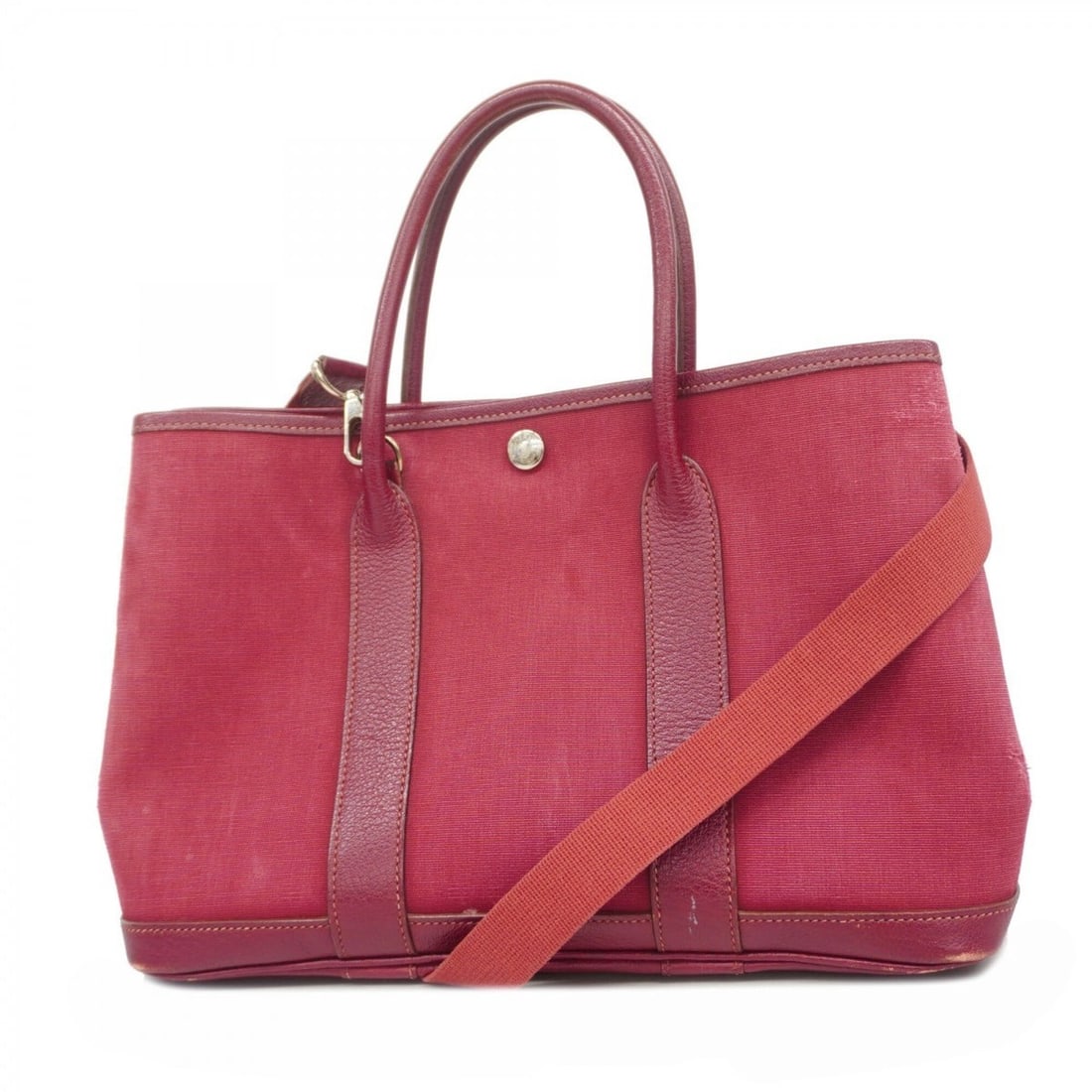 Hermes Garden TPM Toile Officier handbag, Rouge H, ?I stamp, 2-way bag for women.: --- Catalog ---Category: SizeSize (HxWxD): 21cm x 30.5cm x 13.5cm / 8.26'' x 12'' x 5.31''Category: DesignType: HandbagColor: Rouge HGender: WomenMaterial: Toile officier Hardware Color: SilverCategor