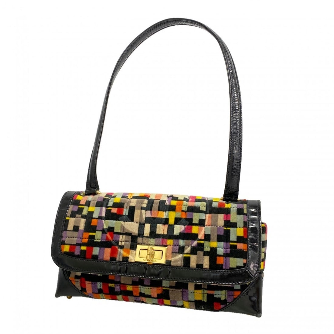 Chanel Shoulder Bag 2.55 Patent Leather Velour Multicolor Black Women's: --- Catalog ---Category: SizeSize (HxWxD): 15cm x 26cm x 6cm / 5.9'' x 10.23'' x 2.36''Category: DesignType: Shoulder bagColor: Black, Multi-colorGender: WomenMaterial: Patent leather Hardware Color: 