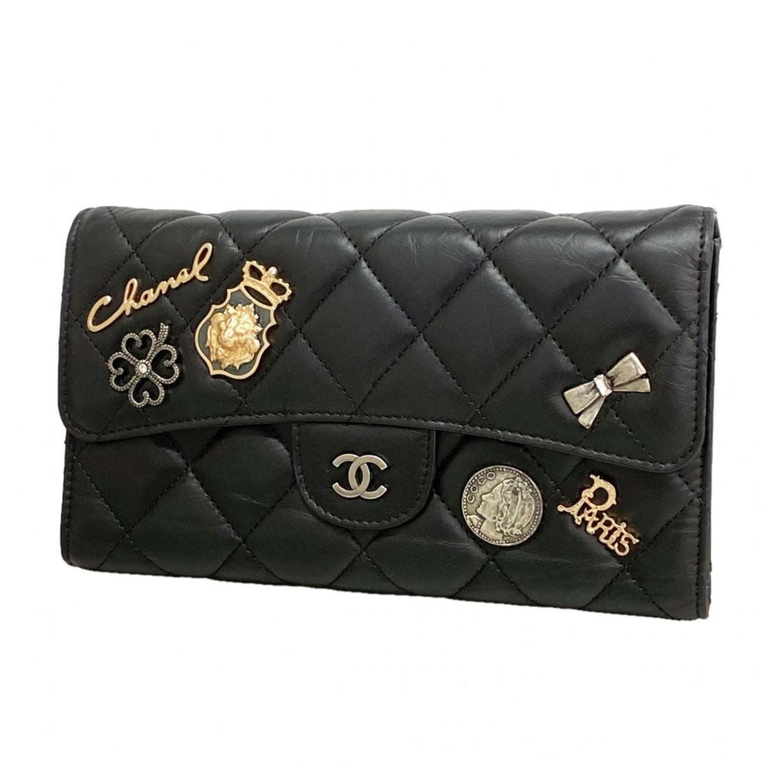 Chanel Tri-fold Long Wallet, Matelassé Icon, Calfskin, Black, Women's: --- Catalog ---Category: SizeSize (HxWxD): 10.5cm x 18cm x 3cm / 4.13'' x 7.08'' x 1.18''Category: DesignType: Long wallet (tri-fold)Color: BlackGender: WomenMaterial: Leather Leather/Fur Type: Calfsk