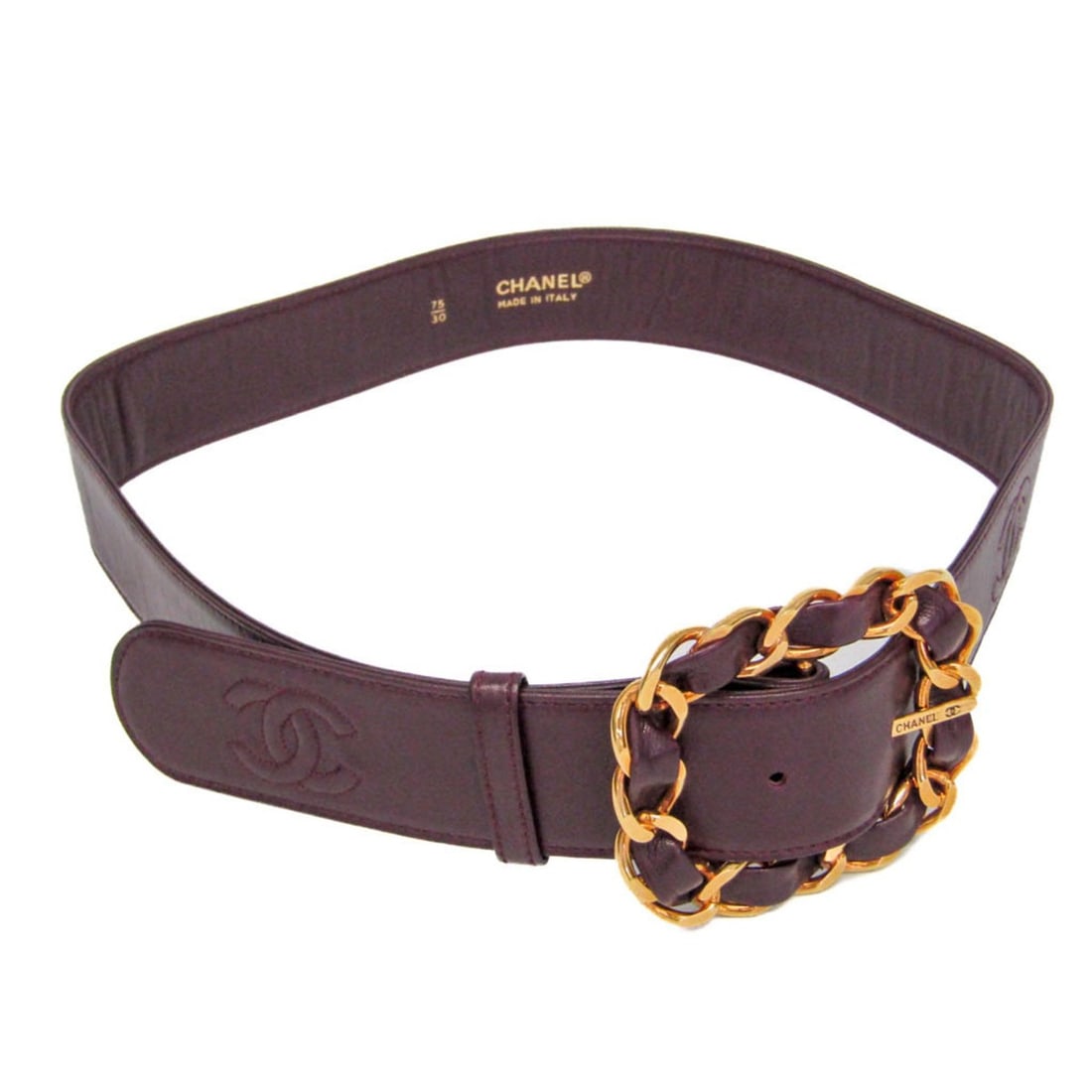 Chanel Coco Mark Chain Buckle Women's Leather Standard Belt Burgundy 75: --- Catalog ---Category: SizeSize: 75Width: 3.7cm / 1.45''Length: 70cm - 76cm / 27.55'' - 29.92''Buckle Size: 7cm x 8cm / 2.75'' x 3.14''Category: DesignType: Standard beltColor: BurgundyGender: Women