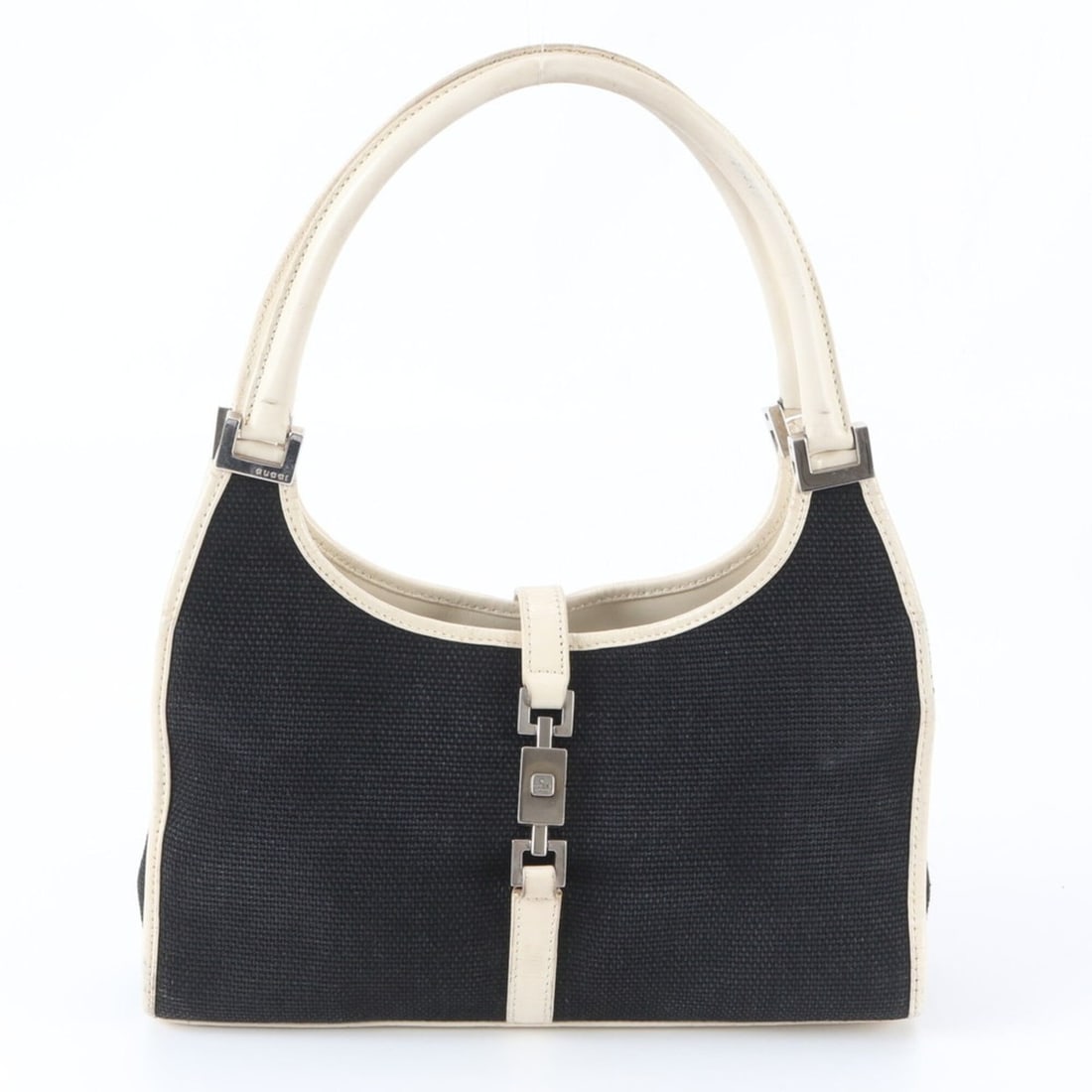 Gucci Jackie 002 1068 Leather Canvas Handbag Tote Black Women's: --- Catalog ---Category: SizeSize (HxWxD): 19cm x 26cm x 7cm / 7.48'' x 10.23'' x 2.75''Handle Length: 34cm / 13.38''Category: DesignType: HandbagColor: Black, WhiteGender: WomenMaterial: Leather , Ca