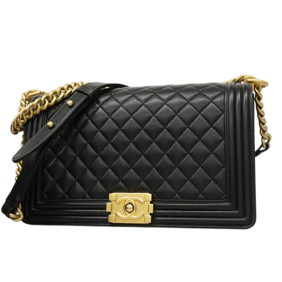 Chanel Boy Chain Shoulder Bag, Caviar Leather, Black, Women's OP004062: --- Catalog ---Category: SizeSize (HxWxD): 17.5cm x 27.5cm x 8.5cm / 6.88'' x 10.82'' x 3.34''Category: DesignType: Shoulder bagColor: BlackGender: WomenMaterial: Grained Calfskin Hardware Color: Gold