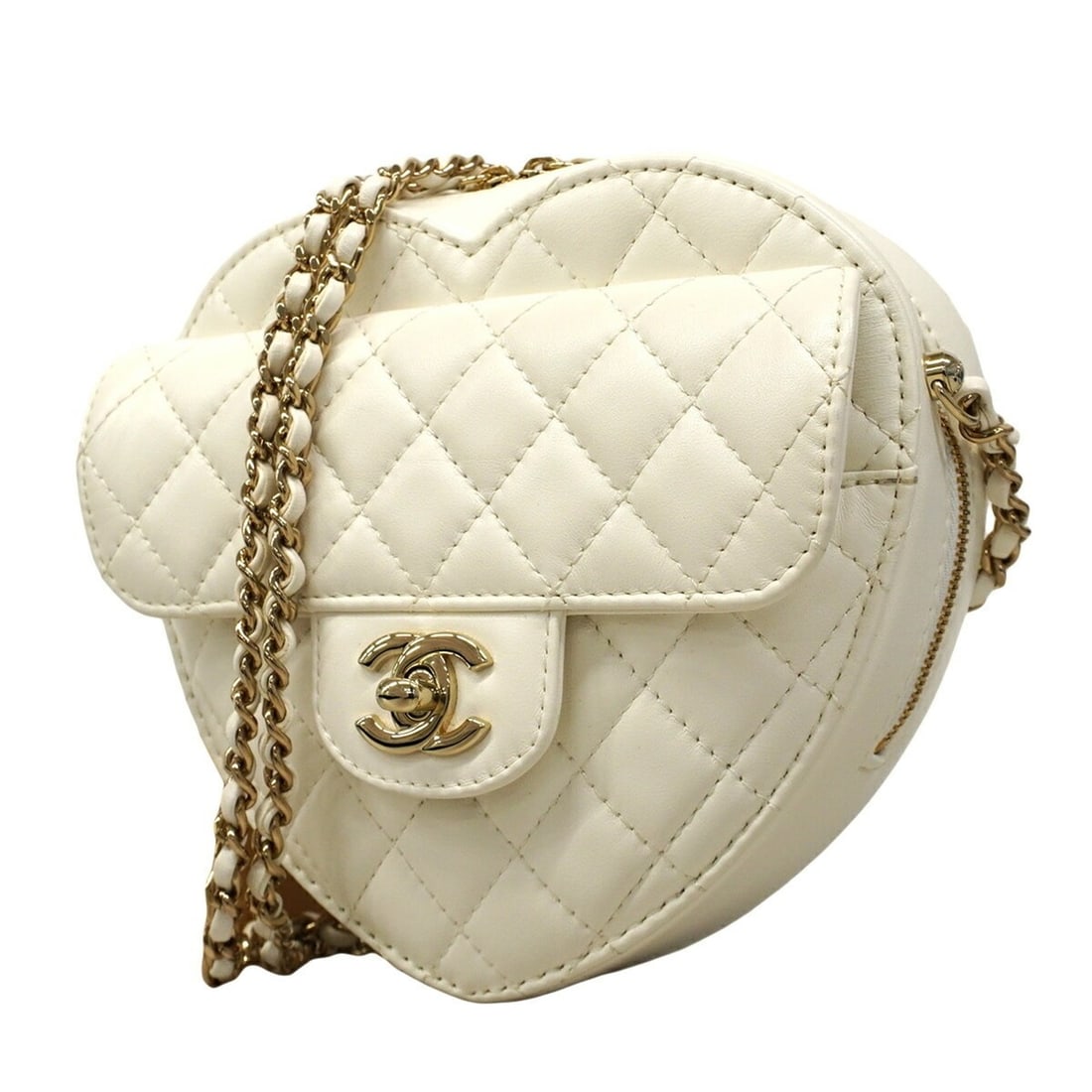 Chanel Matelassé Chain Shoulder Bag, Lambskin, White/Champagne, Women's, OP004051: --- Catalog ---Category: SizeSize (HxWxD): 16cm x 16cm x 5cm / 6.29'' x 6.29'' x 1.96''Category: DesignType: Shoulder bagColor: WhiteGender: WomenMaterial: Leather Hardware Color: Champagne goldLeathe