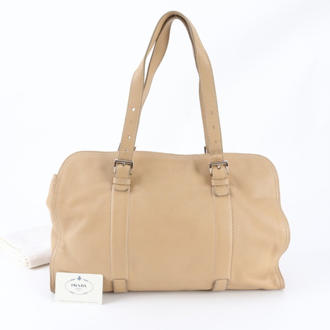 Prada BR1605 Leather Boston Handbag Tote Bag with Guarantee Card - Brand Name Women's: --- Catalog ---Category: SizeSize (HxWxD): 30cm x 45cm x 16cm / 11.81'' x 17.71'' x 6.29''Category: DesignType: HandbagColor: BeigeGender: WomenMaterial: Leather Category: GeneralBrand: Prada--- Item 