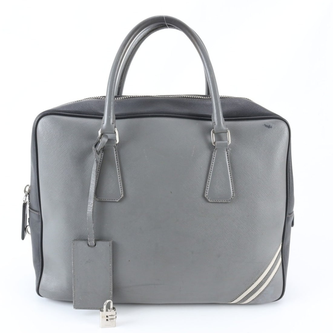 Prada Saffiano Leather Handbag Briefcase Tote Bag, Gray, Men's: --- Catalog ---Category: SizeSize (HxWxD): 27cm x 37cm x 10cm / 10.62'' x 14.56'' x 3.93''Category: DesignType: Briefcase, HandbagColor: Black, GrayGender: MenMaterial: Leather Category: GeneralBrand: