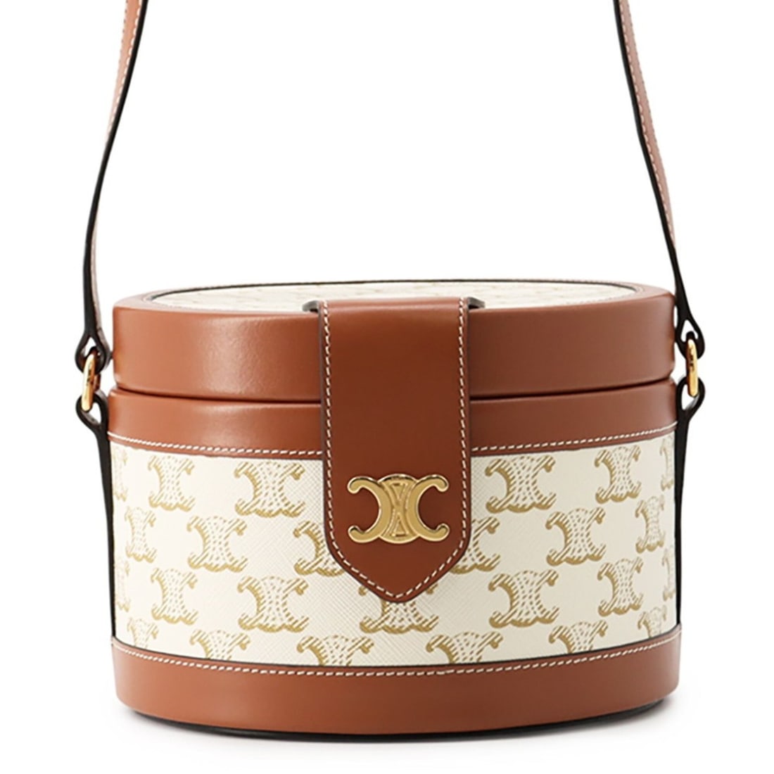 Celine shoulder bag Triomphe Tambour medium leather 195192 CELINE handbag white: --- Catalog ---Category: SizeSize (HxWxD): 12cm x 17.5cm x 17.5cm / 4.72'' x 6.88'' x 6.88''Category: DesignType: Handbag, Shoulder bagColor: Brown, WhiteGender: WomenMaterial: Leather , PVC Category: