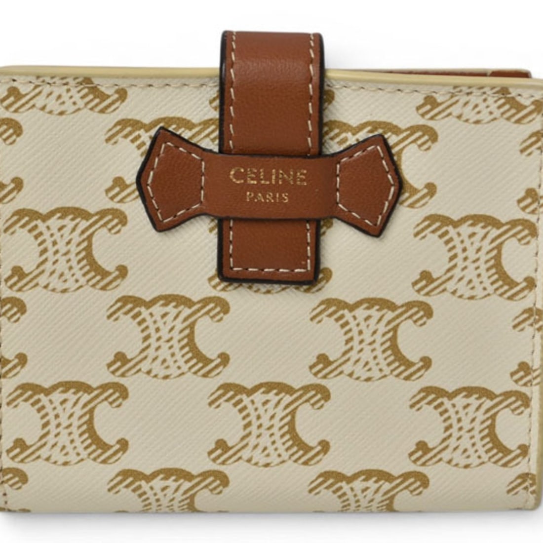 Celine bi-fold wallet, CELINE mini Triomphe strap ivory brown: --- Catalog ---Category: SizeSize (HxWxD): 9cm x 10.5cm x 3cm / 3.54'' x 4.13'' x 1.18''Category: DesignType: Wallet (bi-fold)Color: Brown, IvoryGender: Women,MenMaterial: Coated canvas Category: Gene