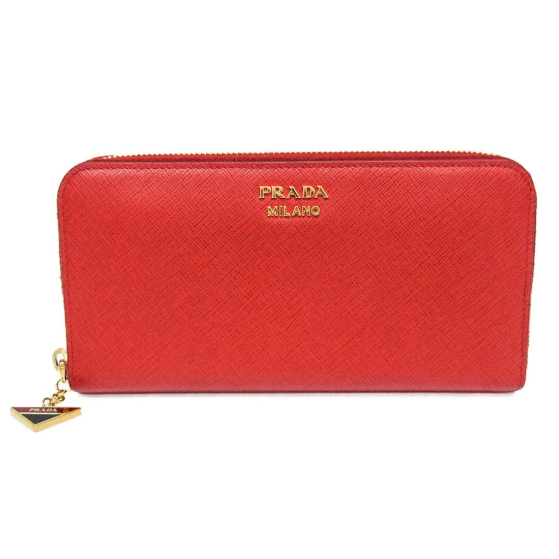 Prada Saffiano Round Zip Triangle Charm Women's Leather Long Wallet (bi-fold) Red Color: --- Catalog ---Category: SizeSize (HxWxD): 10cm x 20cm x 2.5cm / 3.93'' x 7.87'' x 0.98''Category: DesignType: Long wallet (bi-fold)Color: Red colorGender: WomenClosure: ZipperMaterial: Leather Inner 