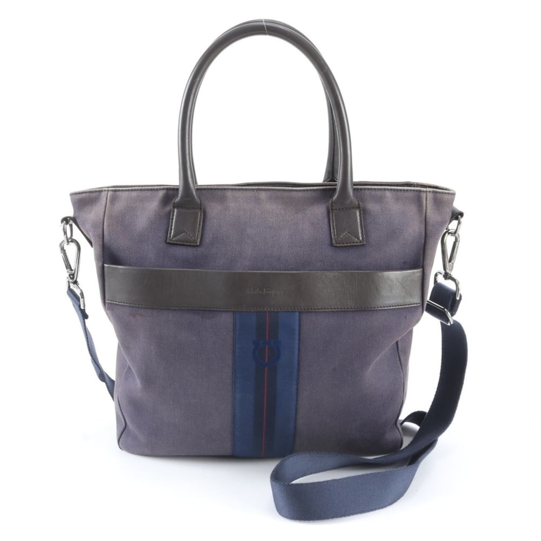 Salvatore Ferragamo Gancini Leather 2-Way Shoulder Bag, Crossbody Messenger Navy, Men's: --- Catalog ---Category: SizeSize (HxWxD): 37cm x 36cm x 10cm / 14.56'' x 14.17'' x 3.93''Category: DesignType: Shoulder bagColor: Brown, NavyGender: MenMaterial: Leather Category: GeneralBrand: Salva