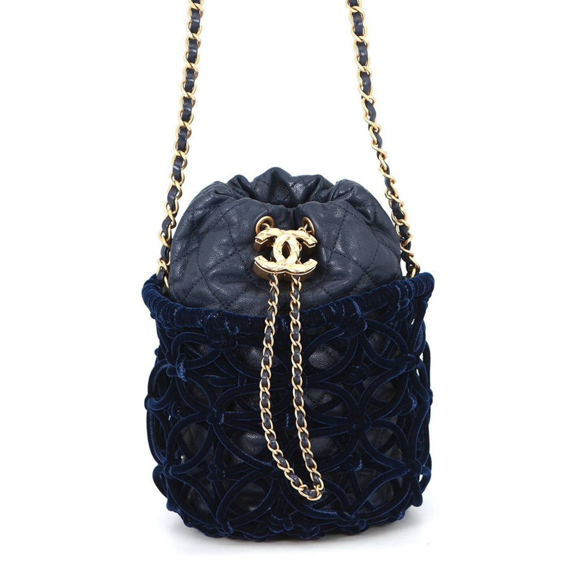 Chanel Chain Shoulder Bag, Coco Mark, Matelassé, Drawstring, Leather, Velvet, CHANEL Handbag,: --- Catalog ---Category: SizeSize (HxWxD): 20cm x 15cm x 12cm / 7.87'' x 5.9'' x 4.72''Category: DesignType: Shoulder bagColor: NavyGender: WomenMaterial: Leather , Velvet Category: GeneralBrand: Chan