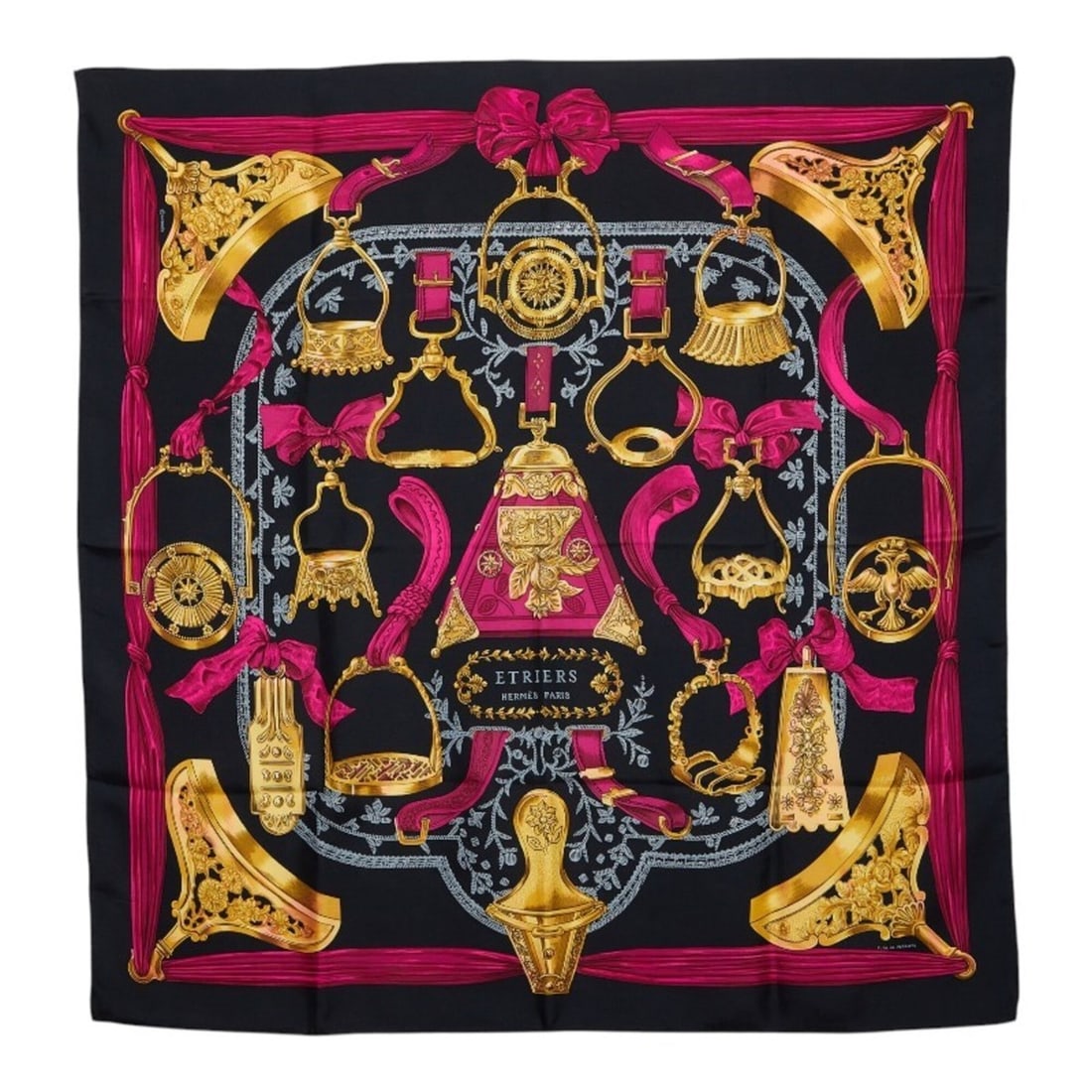 Hermes Carre 90 Etriers Stirrup Scarf Muffler Black Multicolor Silk Women's HERMES: --- Catalog ---Category: SizeSize (LxW): 89.5cm x 87cm / 35.23'' x 34.25''Category: DesignType: ScarfColor: Black, Multi-colorGender: WomenMaterial: Silk Category: GeneralBrand: Hermes--- Item List --